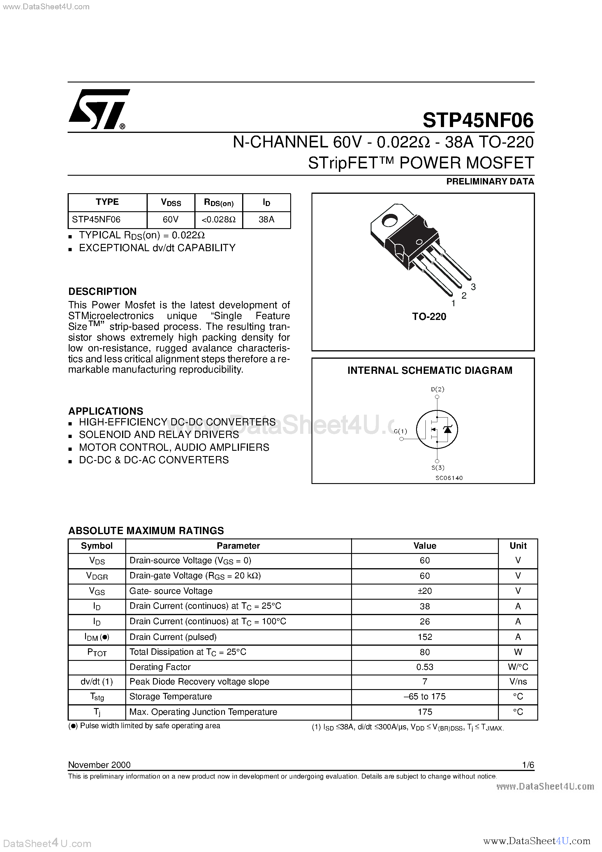 Datasheet STP45NF06 - N-Channel POWER MOSFET page 1