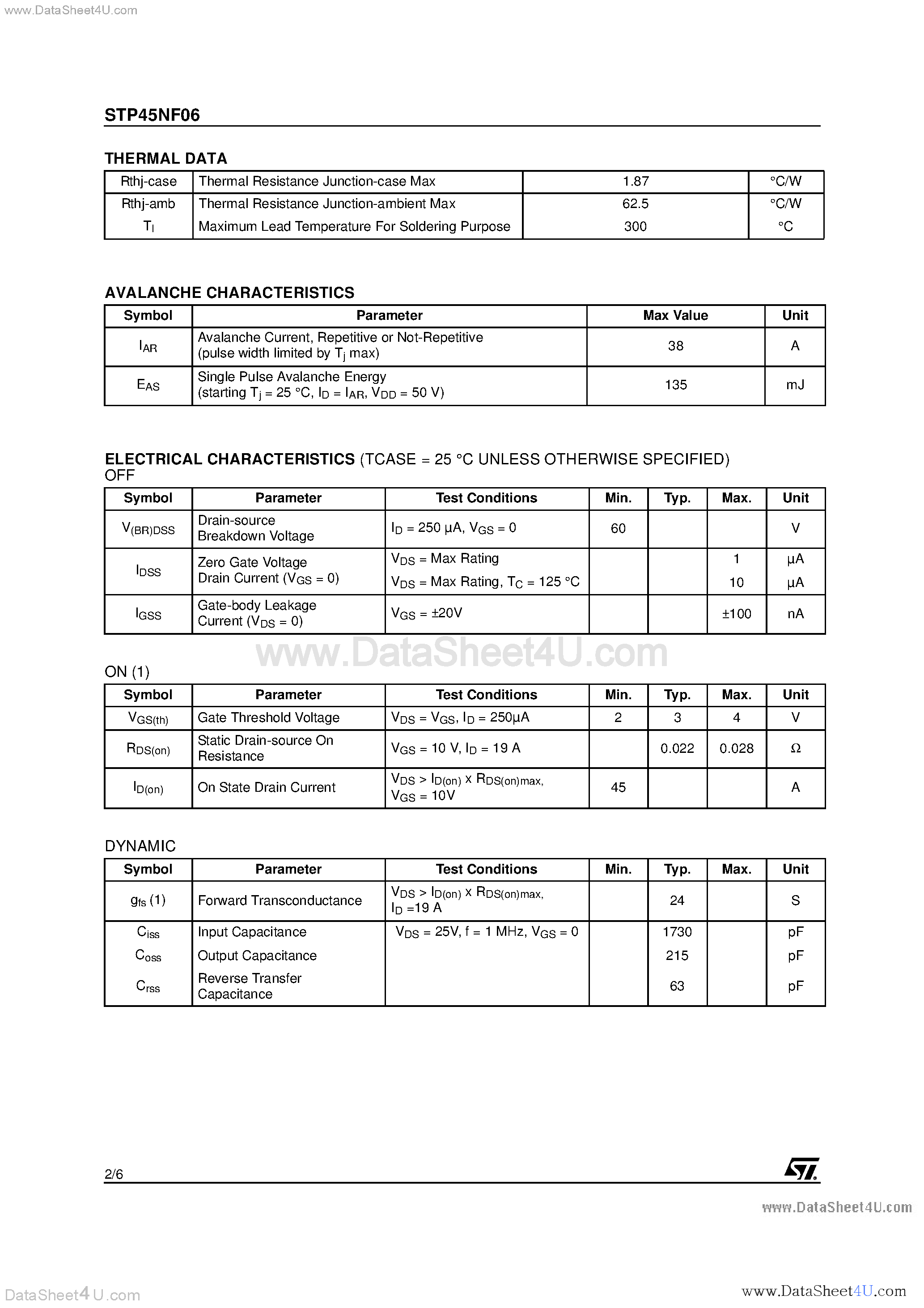 Datasheet STP45NF06 - N-Channel POWER MOSFET page 2