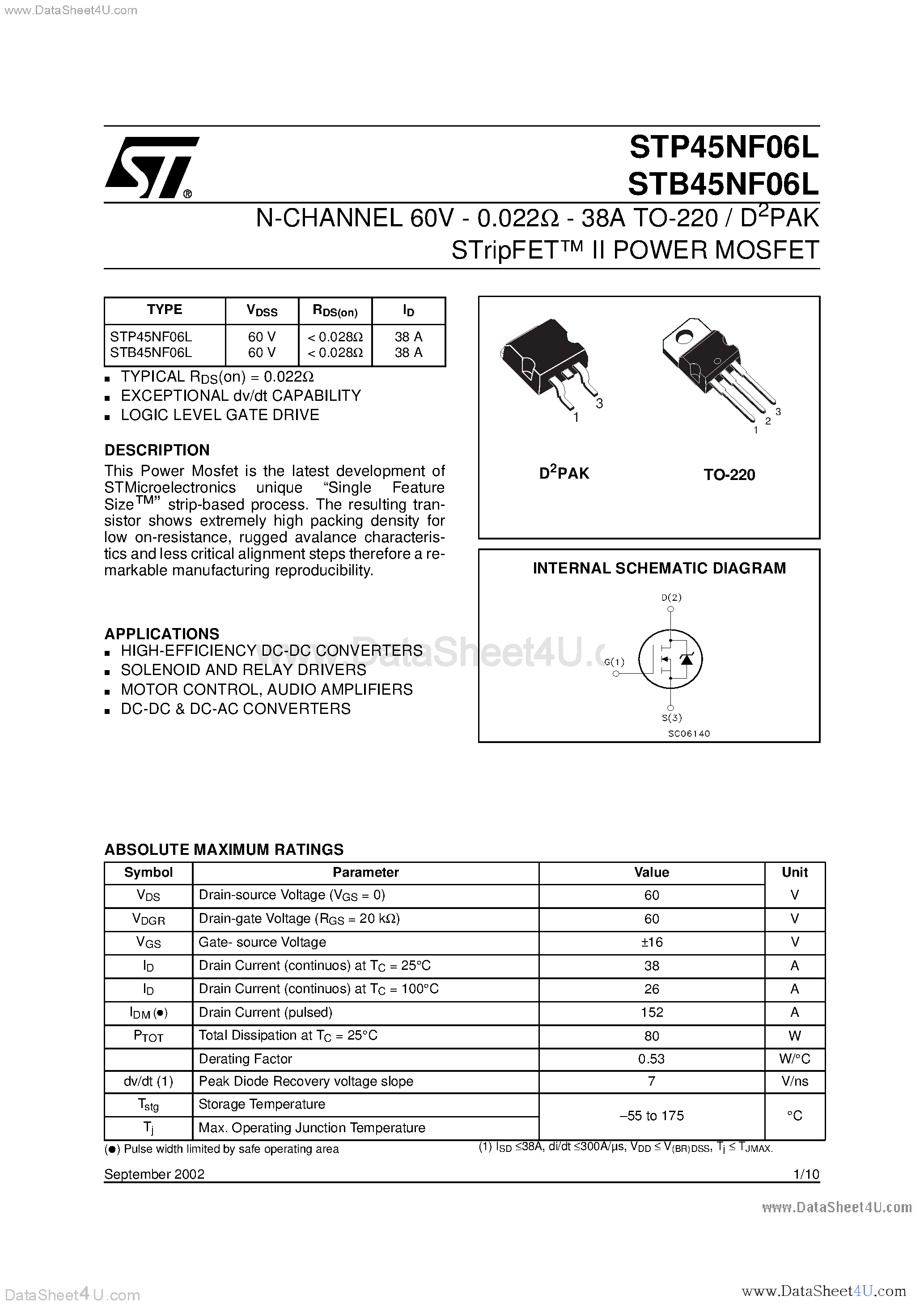 Datasheet STP45NF06L - N-Channel POWER MOSFET page 1