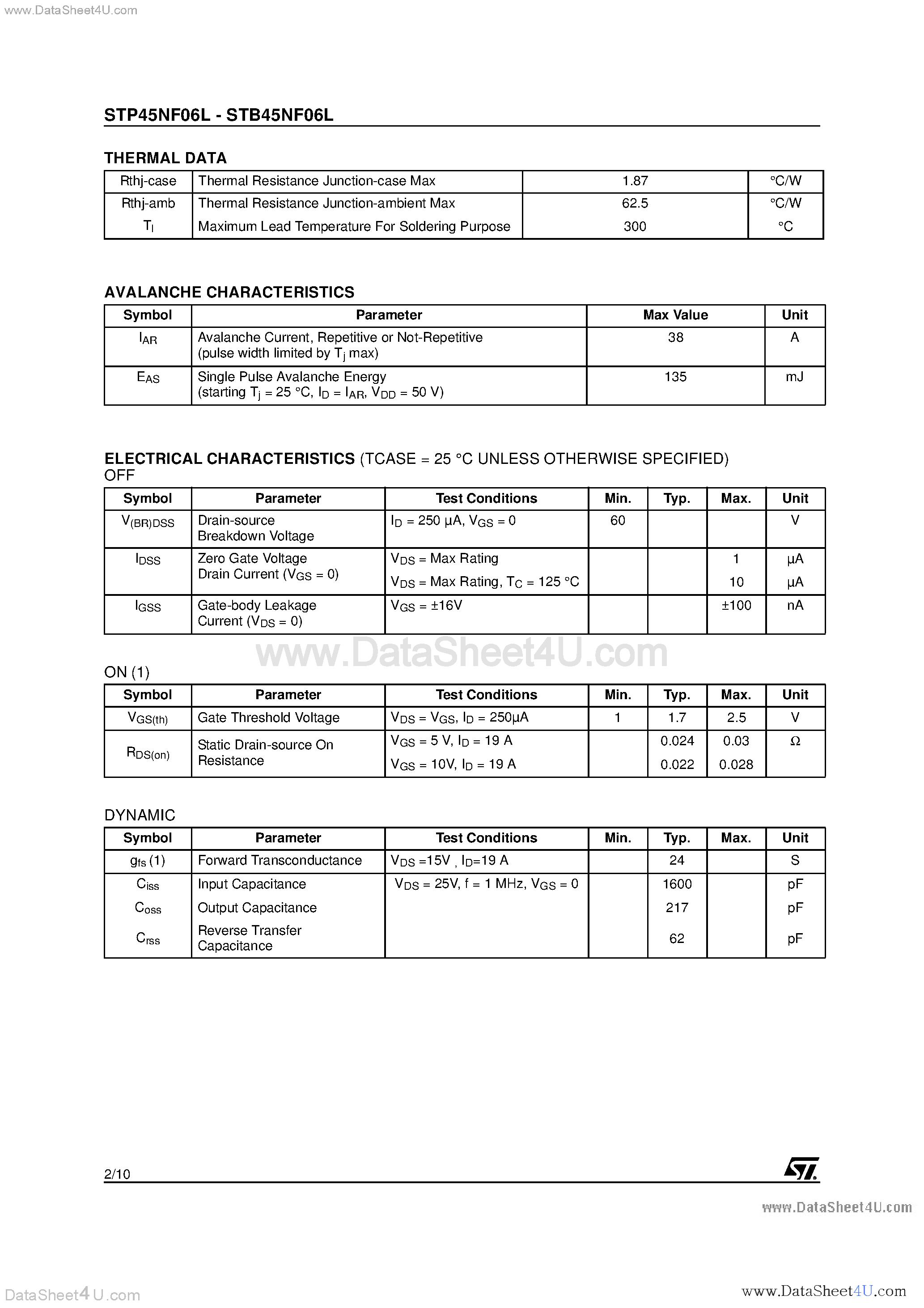 Datasheet STP45NF06L - N-Channel POWER MOSFET page 2