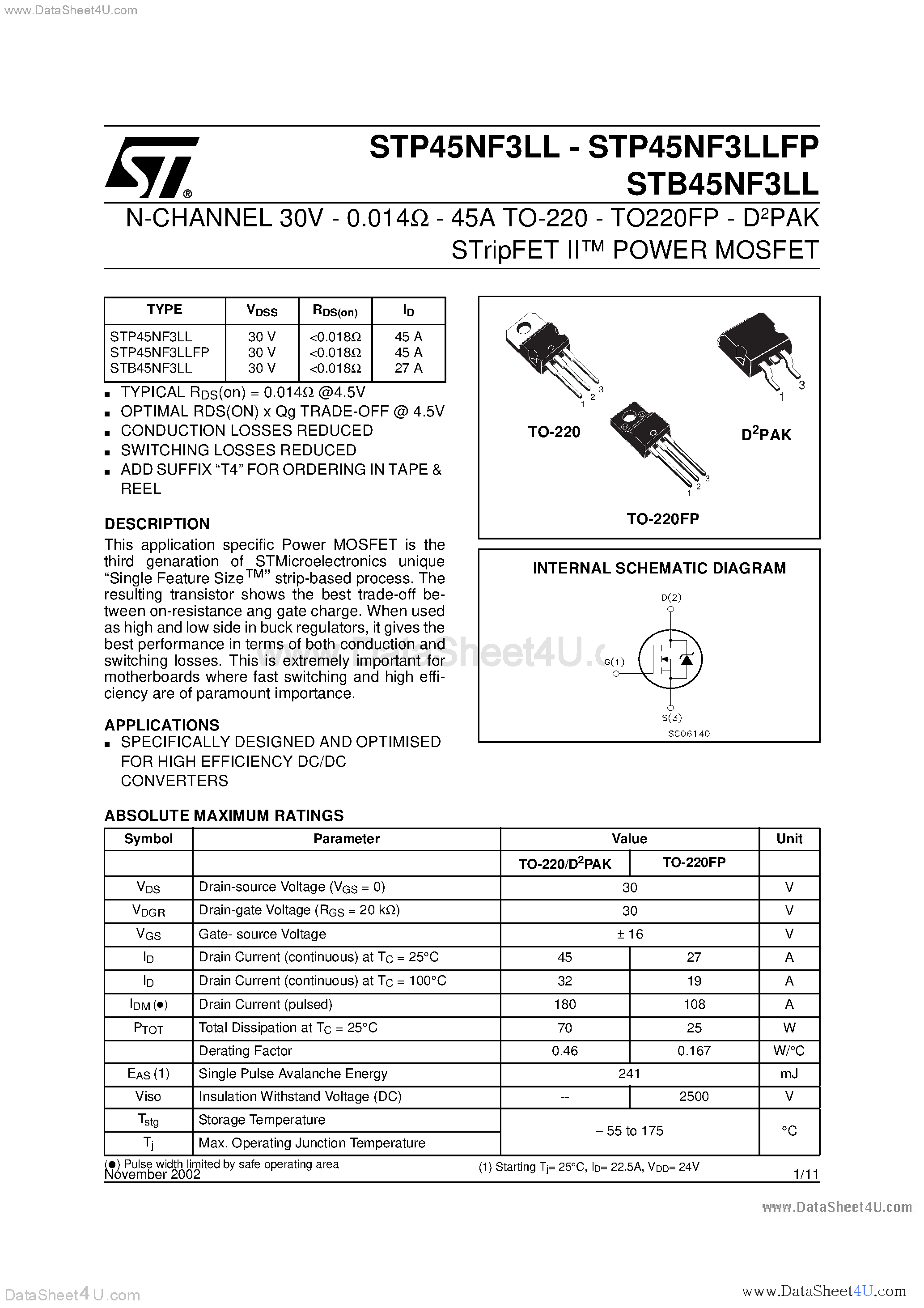 Datasheet STP45NF3LL - N-Channel POWER MOSFET page 1