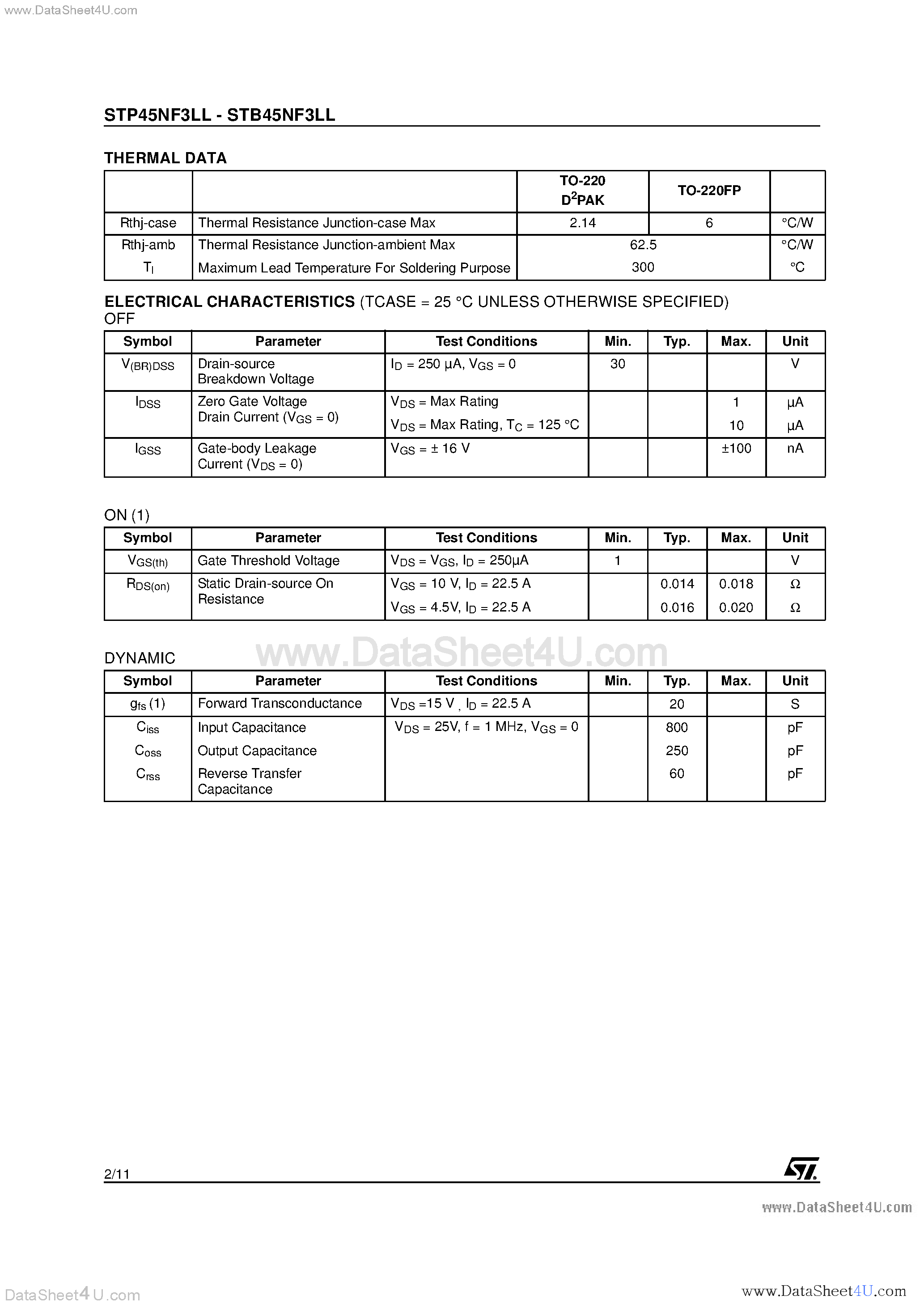 Datasheet STP45NF3LL - N-Channel POWER MOSFET page 2