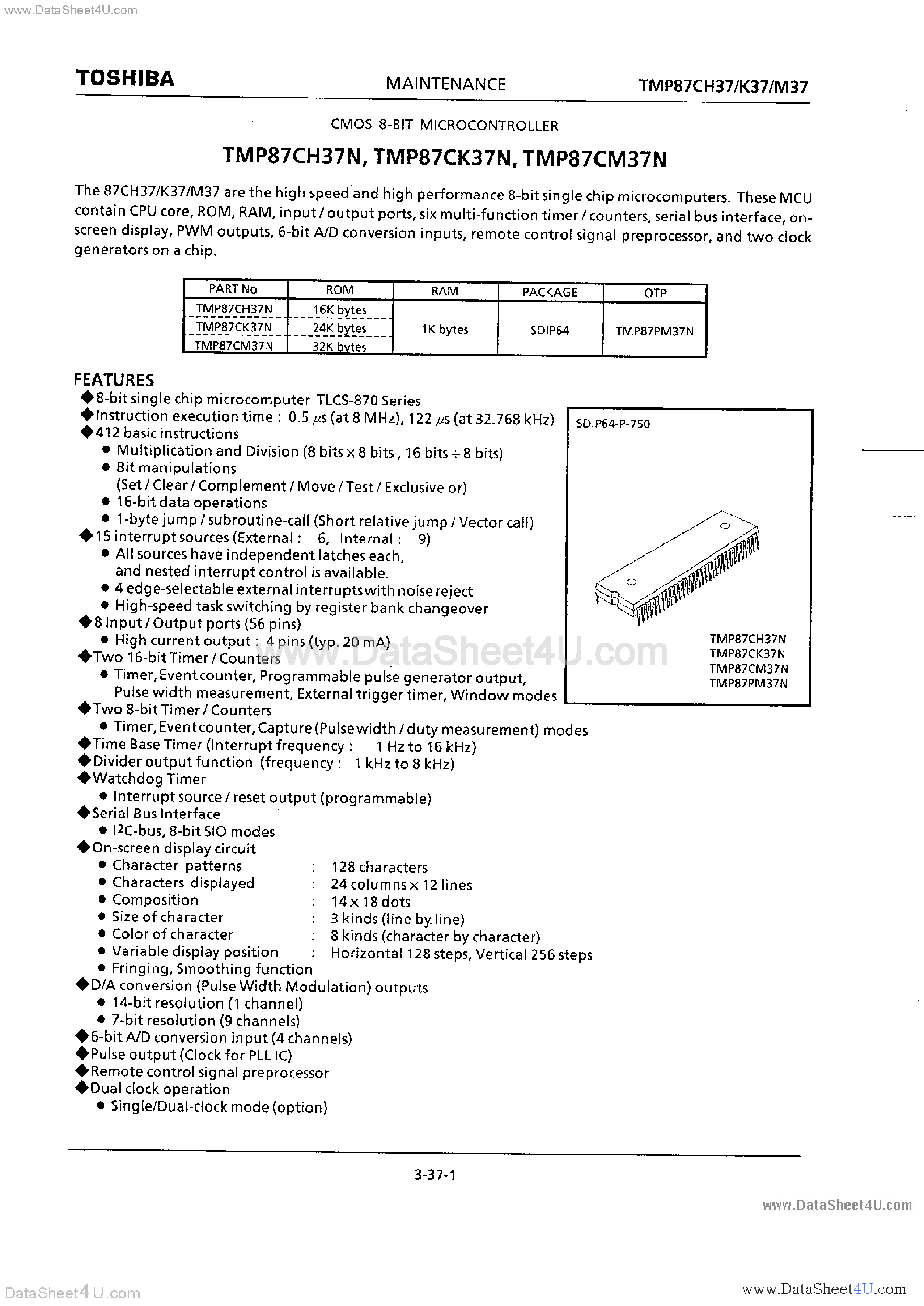 Datasheet TMP87CH37N page 1 Datasheet TMP87CH37N - (TMP87Cx37N) CMOS 8-Bit Microcontroller page 1