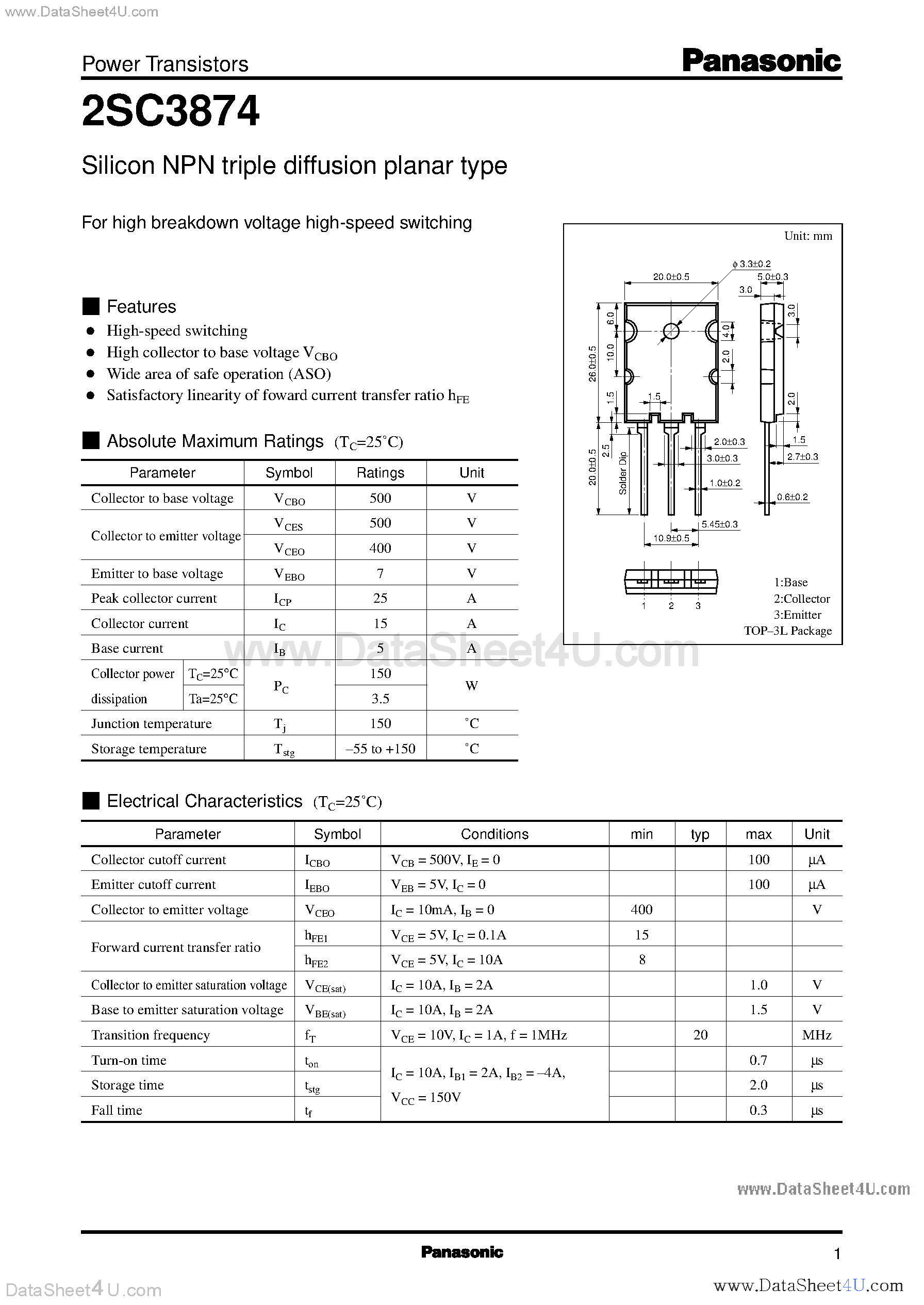 Datasheet 2SC3874 page 1 Datasheet 2SC3874 - Silicon NPN triple diffusion planar type page 1