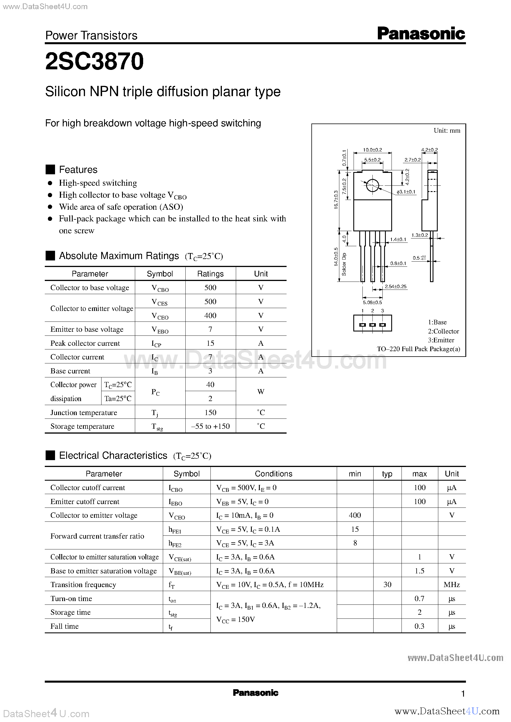 Datasheet 2SC3870 - Silicon NPN triple diffusion planar type page 1