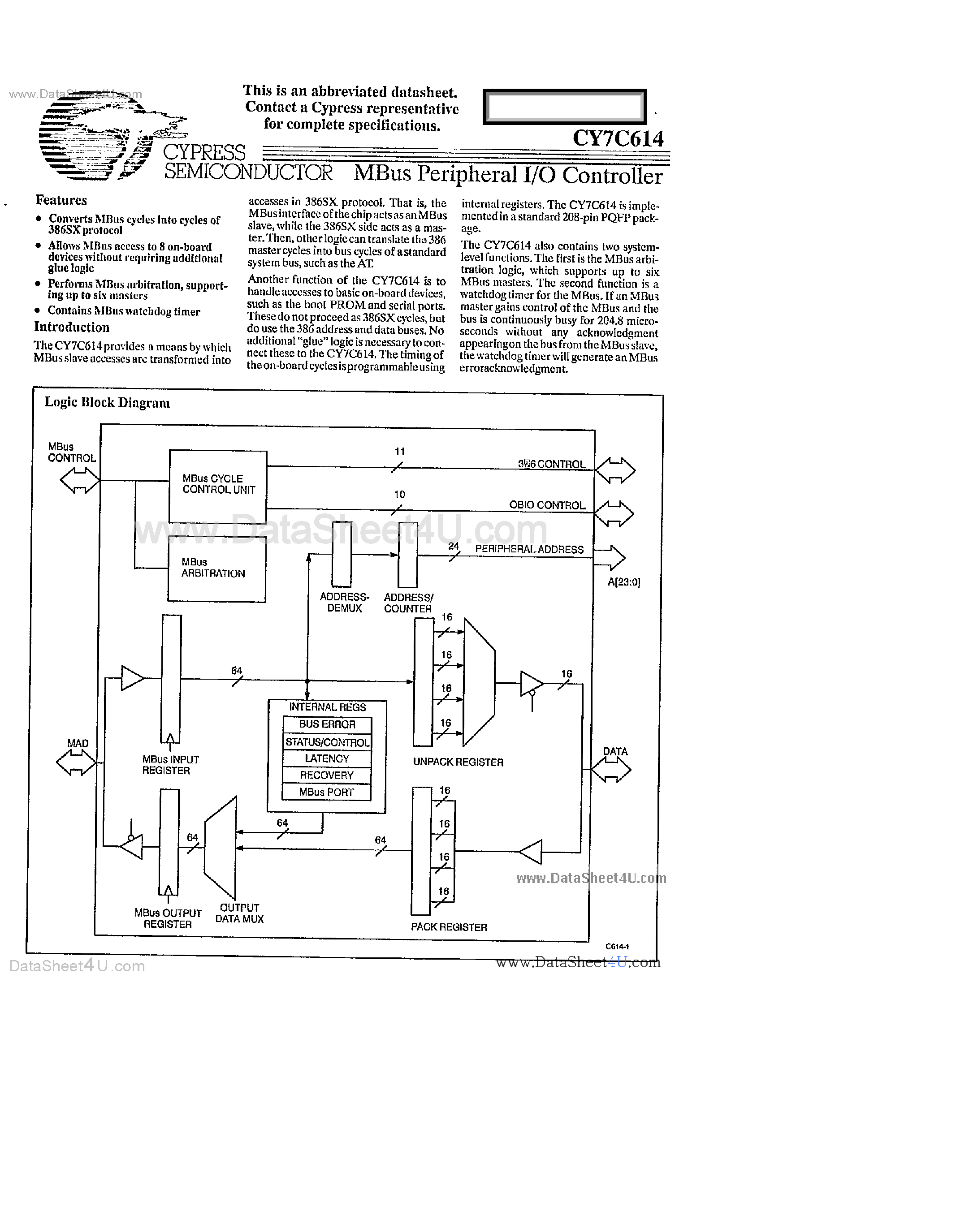 Даташит CY7C614 - MBus Peripheral I/O Controller страница 1