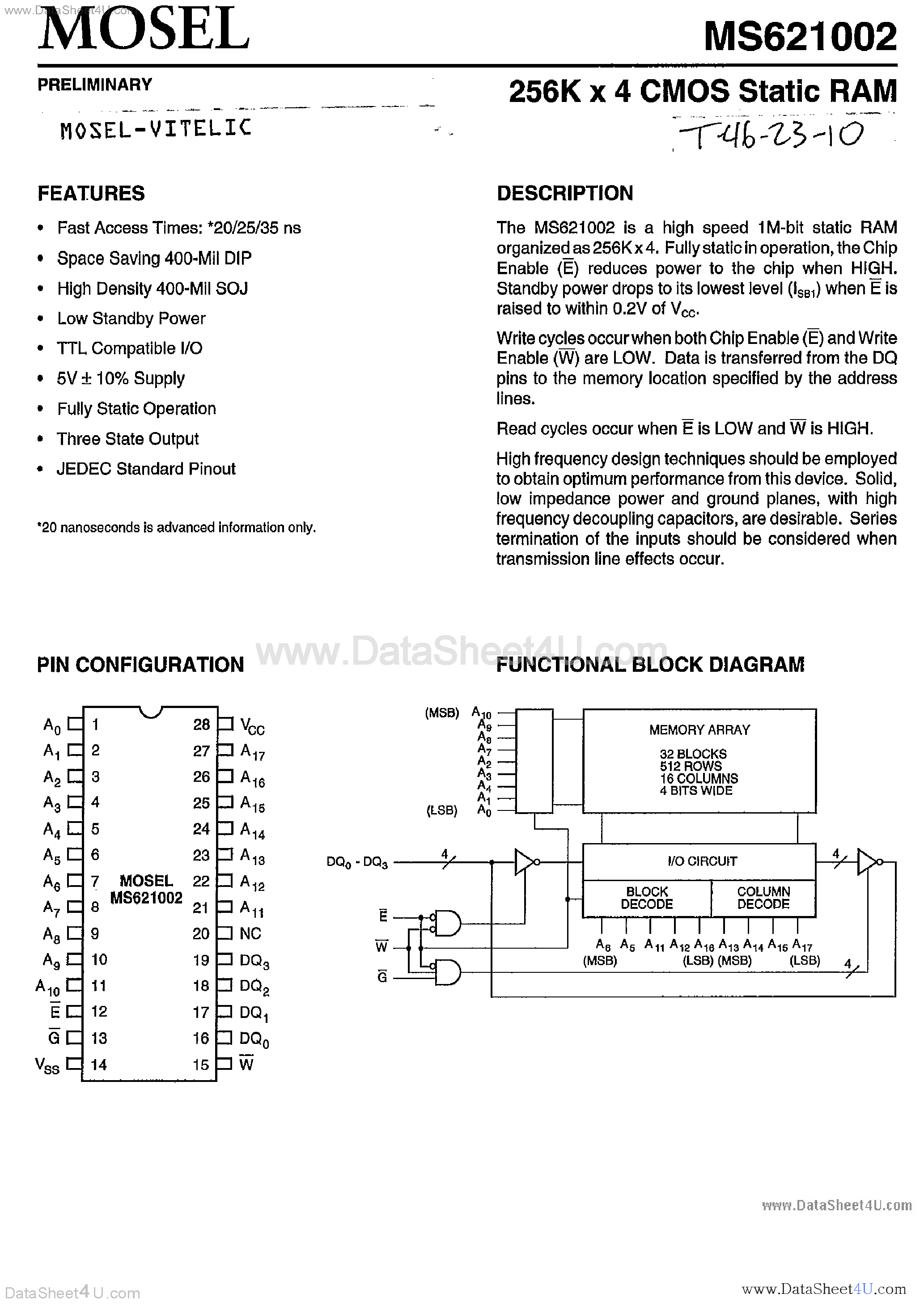 Datasheet MS621002 - 256K x 4 CMOS Static RAM page 1