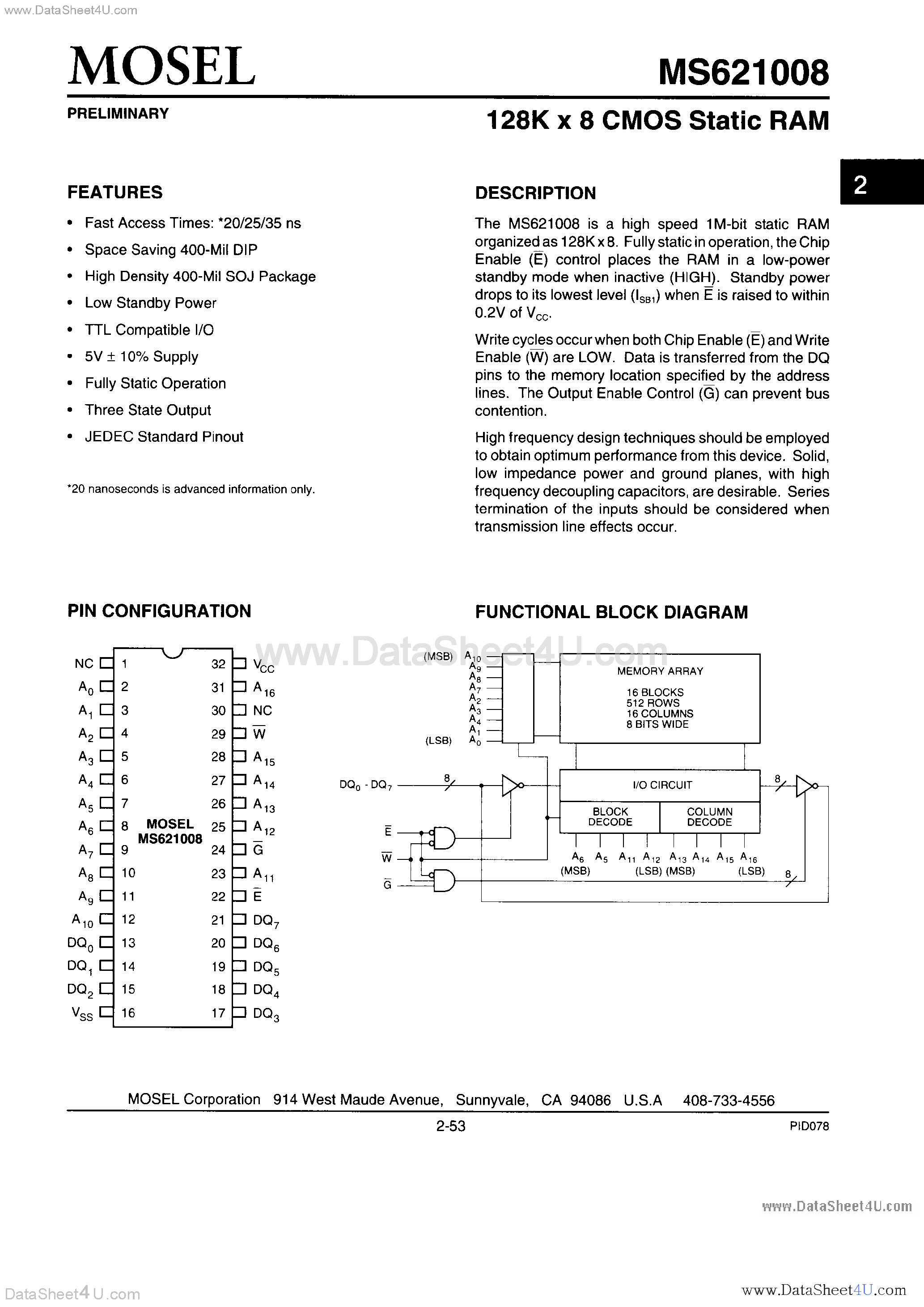 Datasheet MS621008 - 128K x 8 CMOS Static RAM page 1
