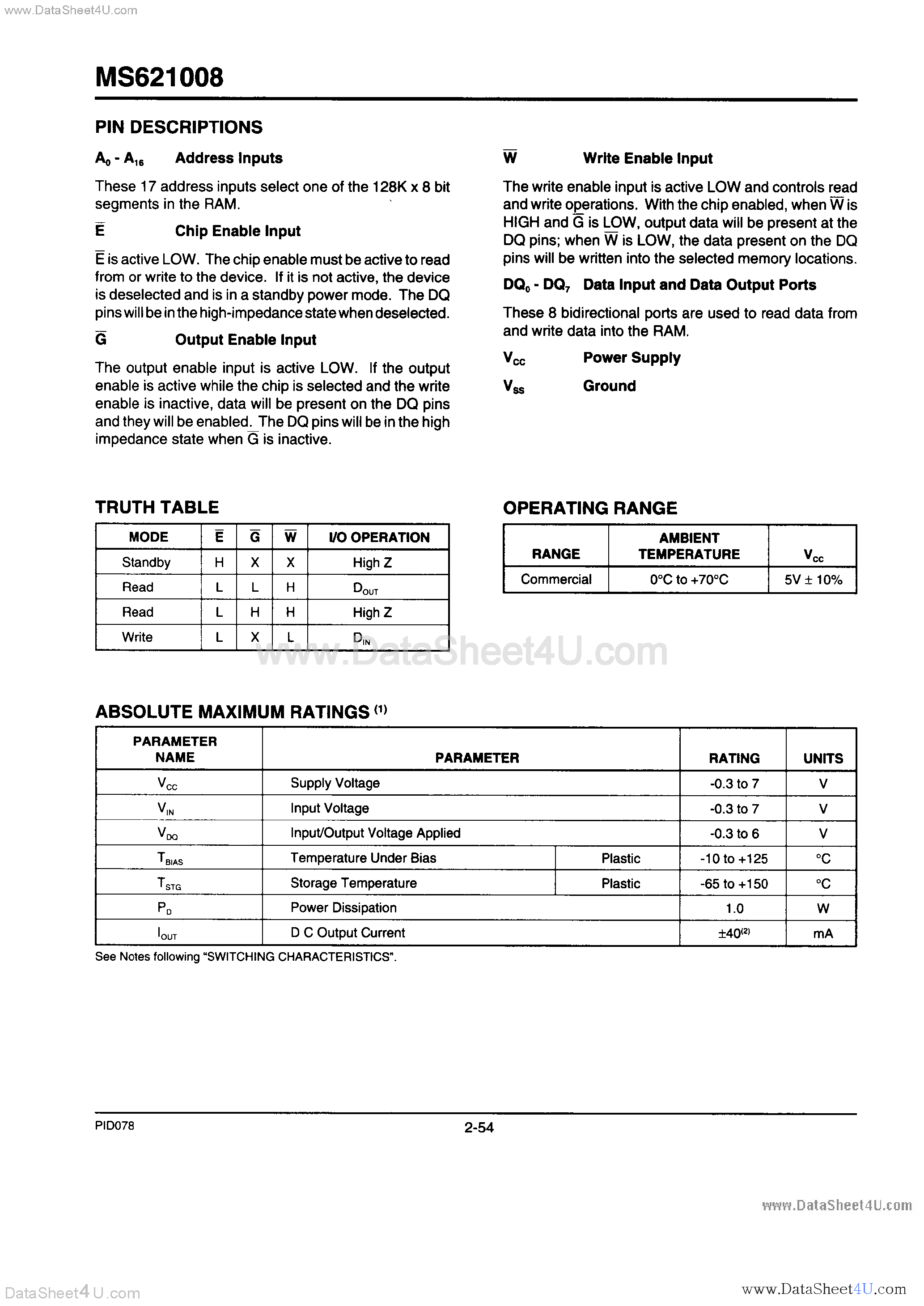 Datasheet MS621008 - 128K x 8 CMOS Static RAM page 2