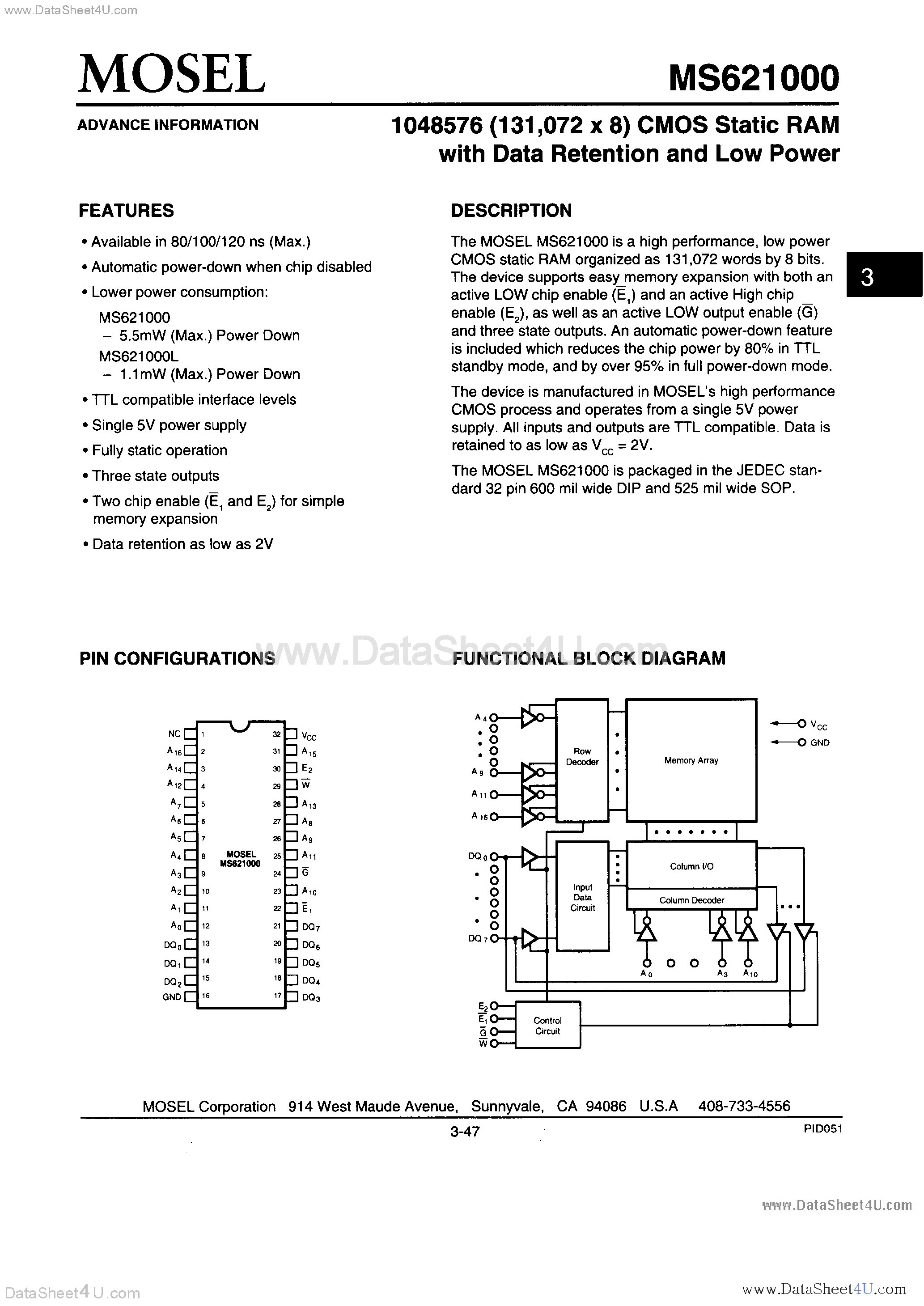 Даташит на микросхему MS621000 страница 1 Даташит MS621000 - 1M CMOS Static RAM страница 1