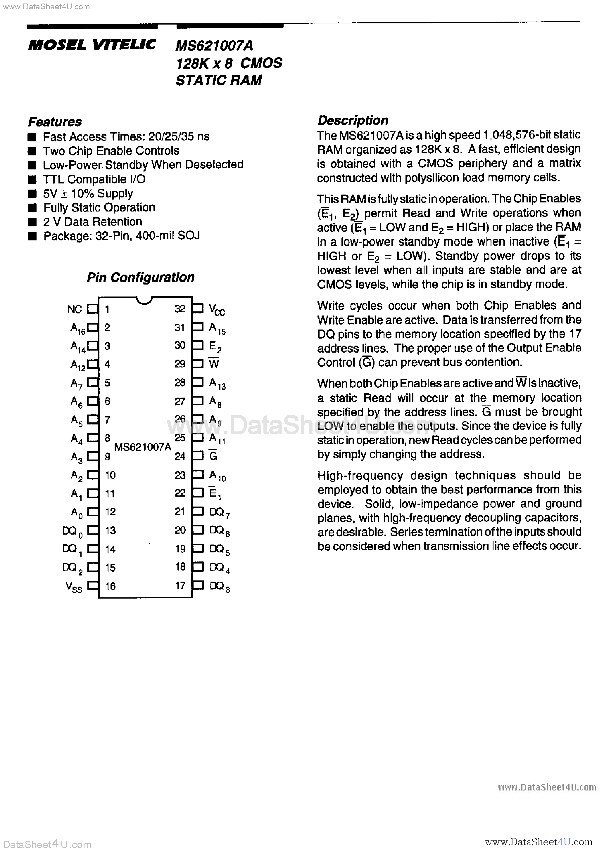 Datasheet MS621007A - 128K x 8 CMOS Static RAM page 1