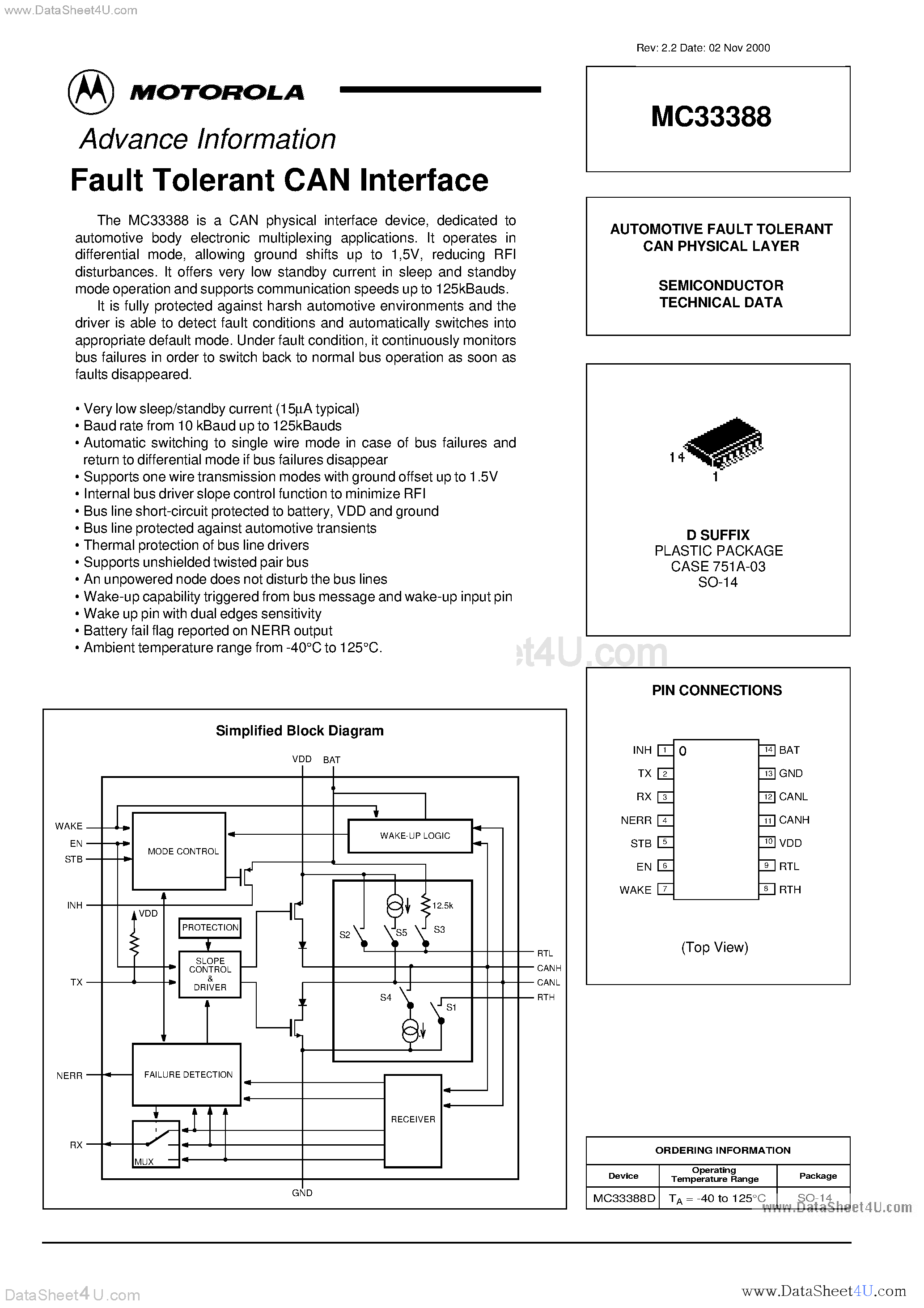 Datasheet MC33388 page 1 Datasheet MC33388 - Fault Tolerant CAN Interface page 1
