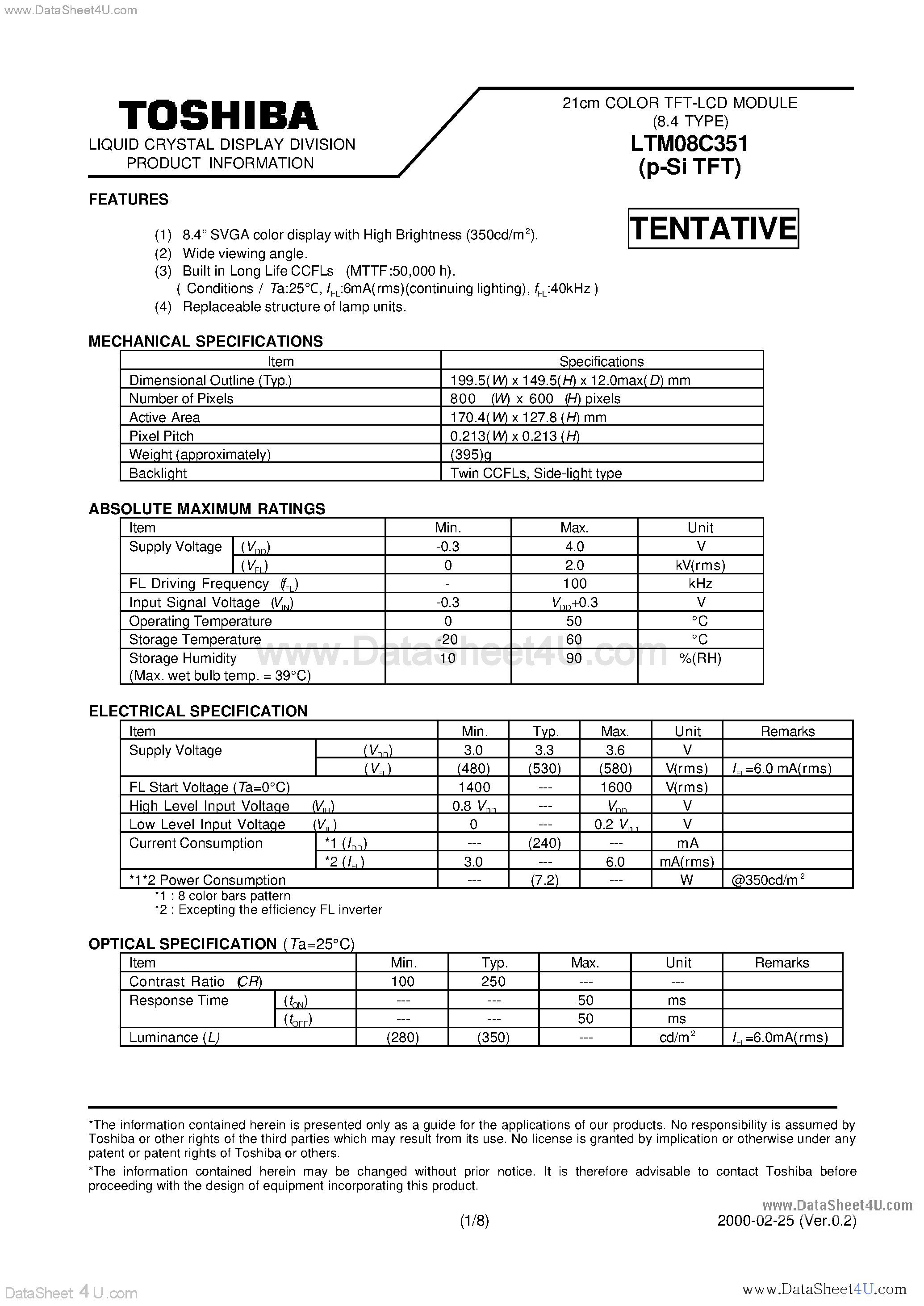 Datasheet LTM08C351 - 21cm COLOR TFT-LCD MODULE 8.4 TYPE page 1