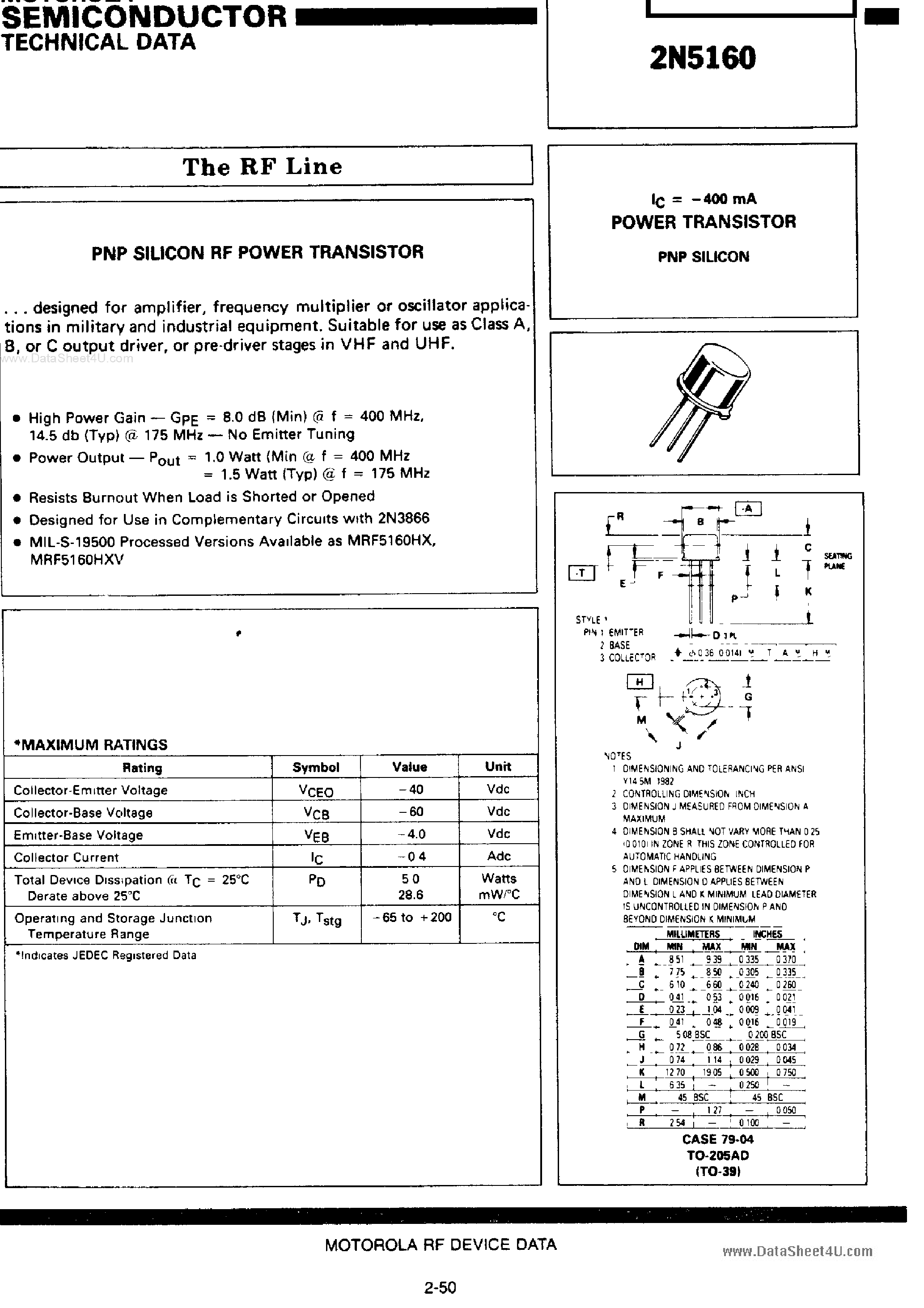 Datasheet 2N5160 - Power Transistor page 1