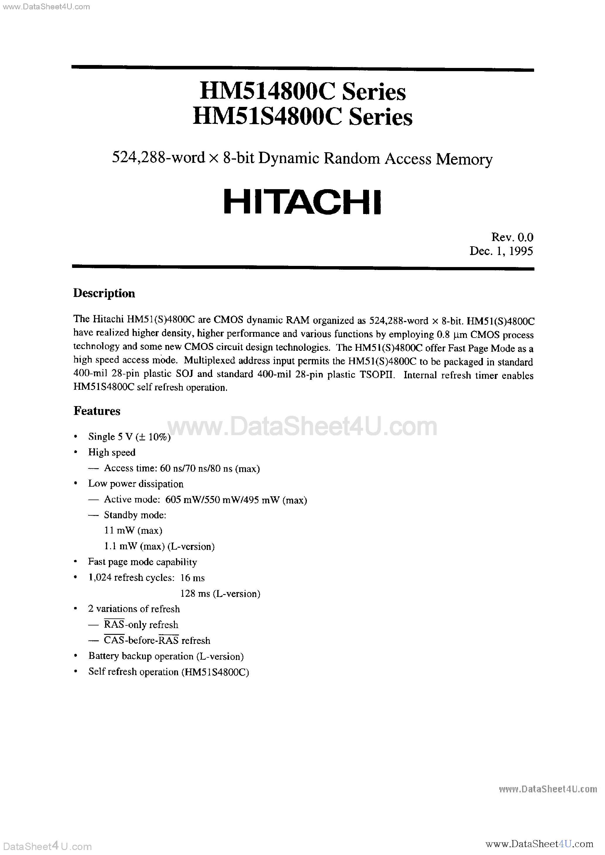 Даташит на микросхему HM514800C страница 1 Даташит HM514800C - 500K x 8-Bit DRAM страница 1