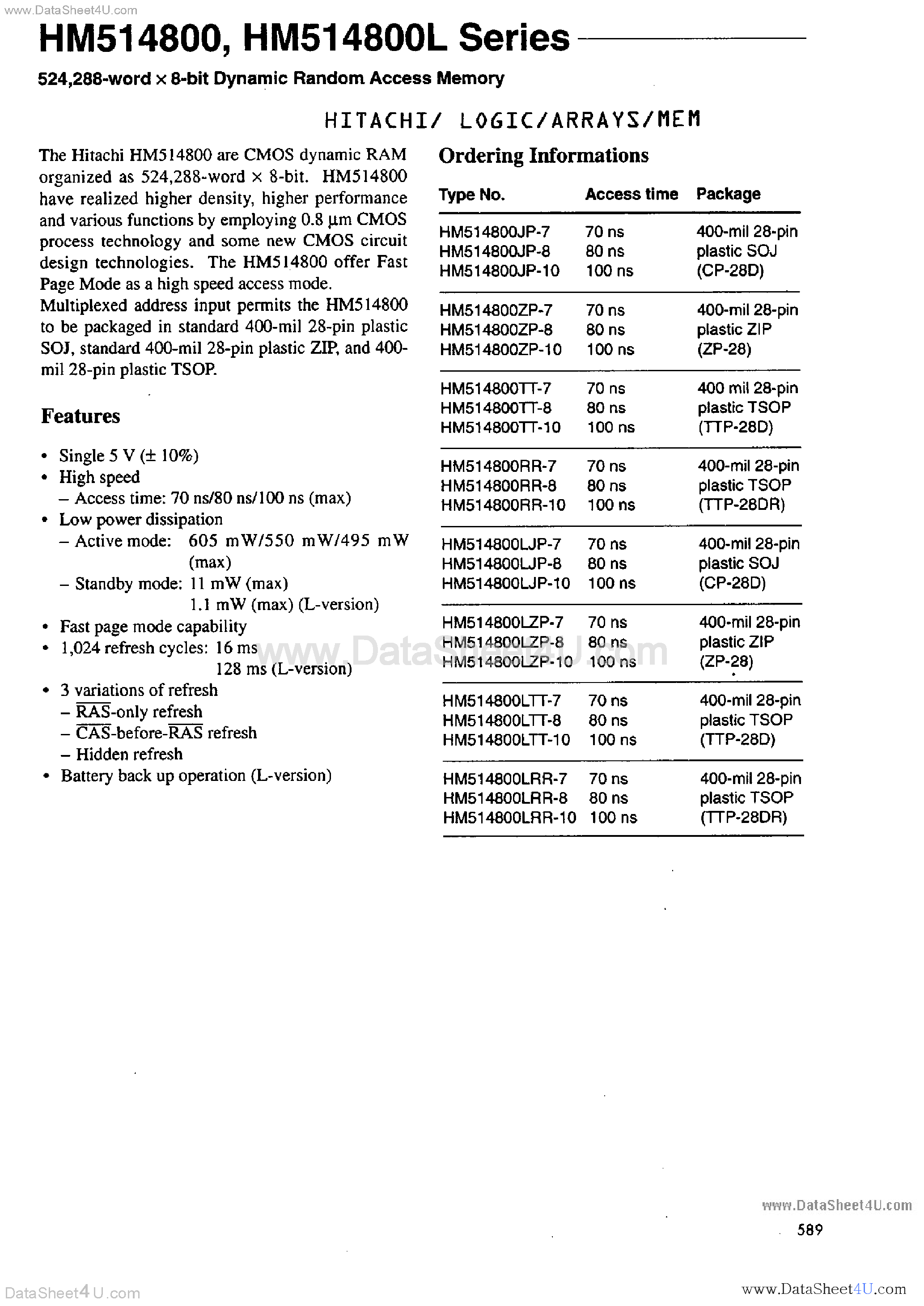 Даташит HM514800 - 500K x 8-Bit DRAM страница 1