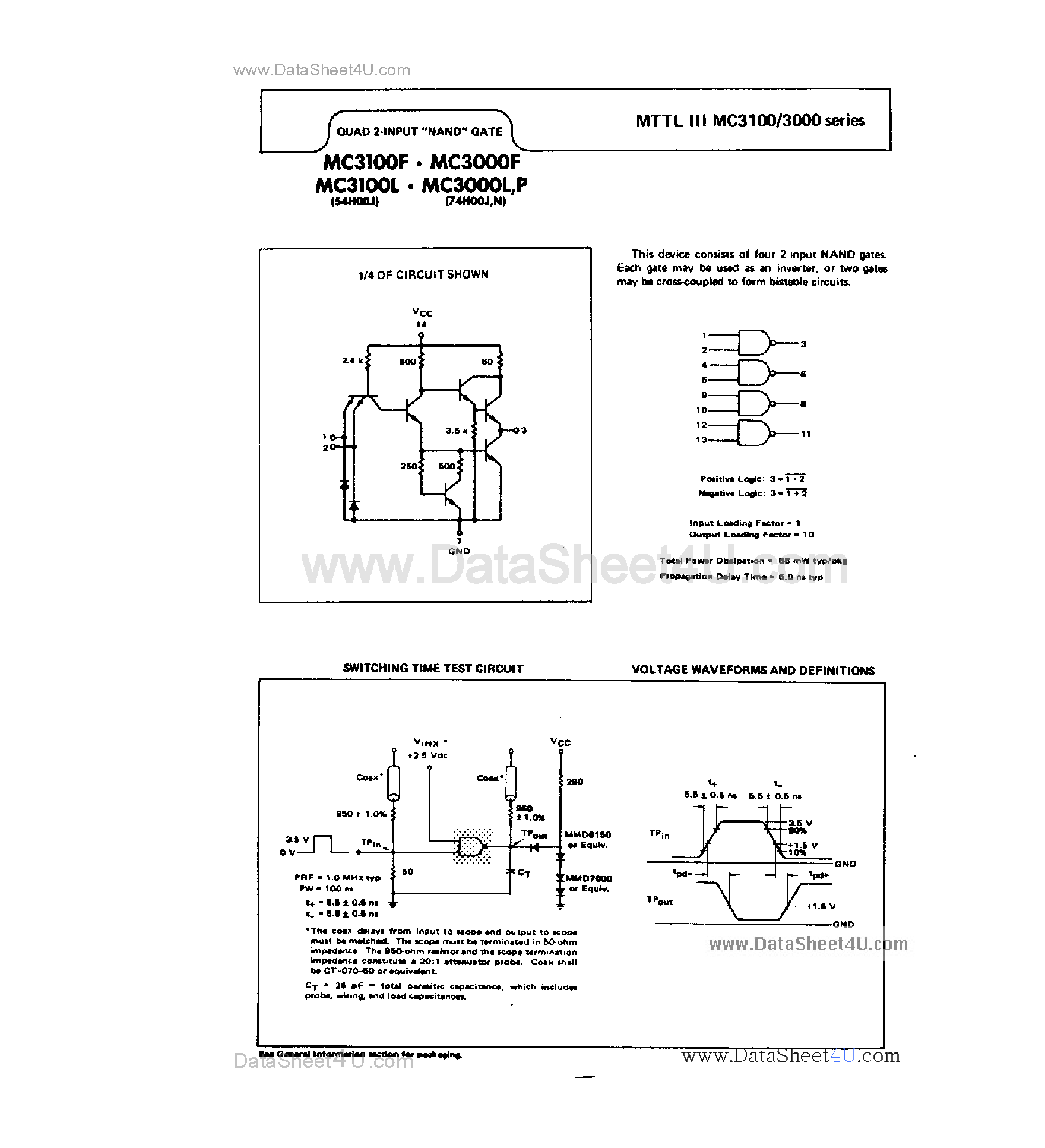 Datasheet MC3000 page 1 Datasheet MC3000 - (MC3000 / MC3100) Quad 2-Input NAND Gate page 1