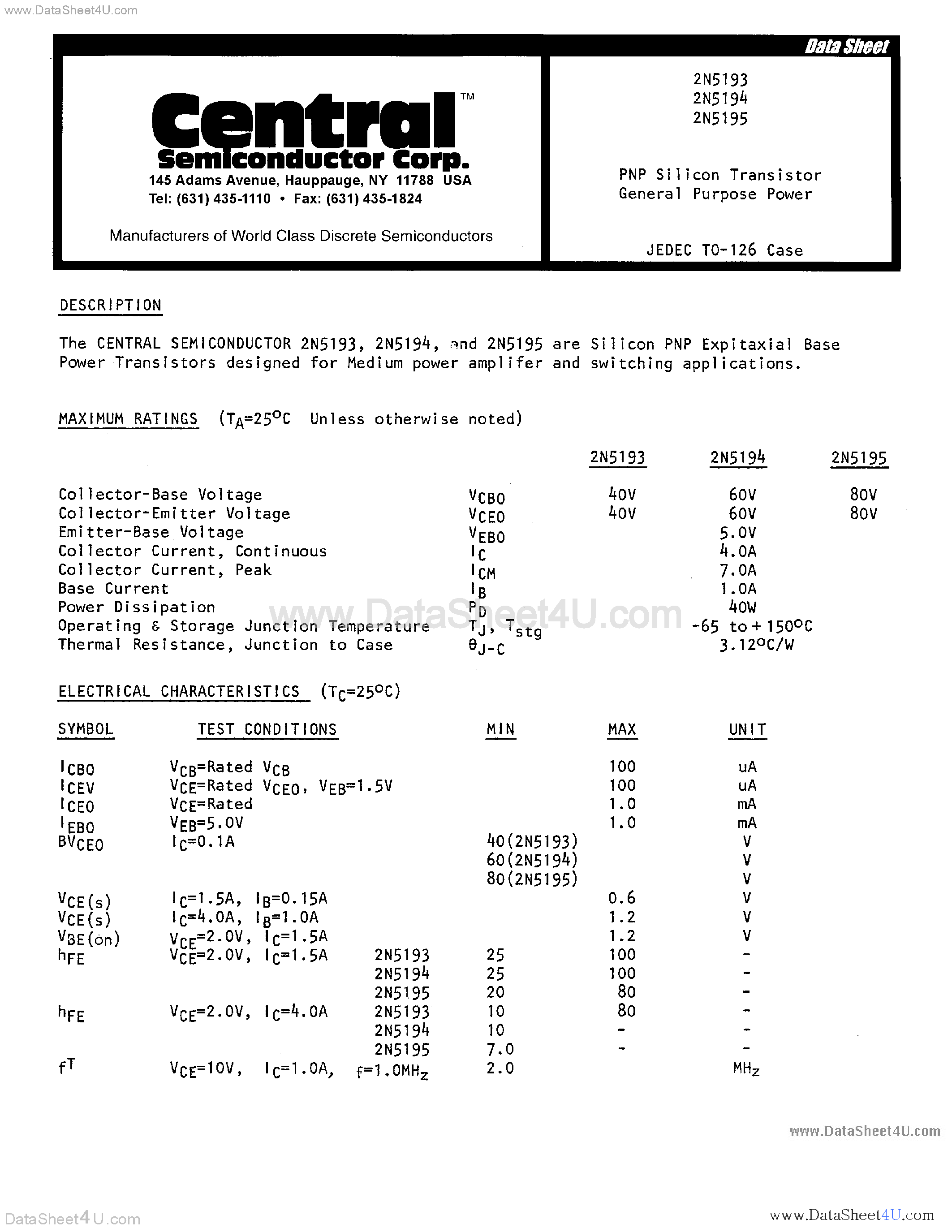 Datasheet 2N5193 - (2N5193 - 2N5195) PNP SILICON TRANSISTOR GENERAL PURPOSE POWER page 1