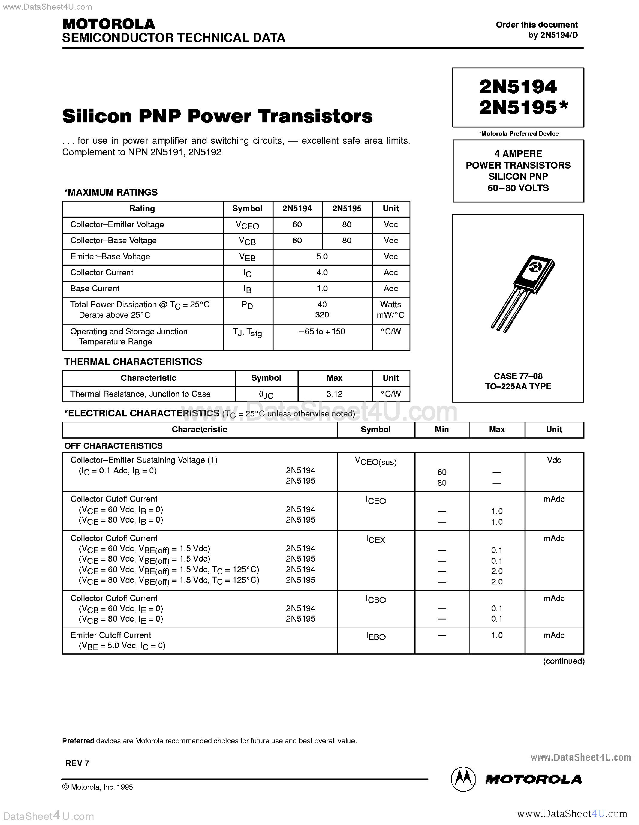Даташит на микросхему 2N5194 страница 1 Даташит 2N5194 - (2N5194 / 2N5195) Silicon PNP Power Transistors страница 1