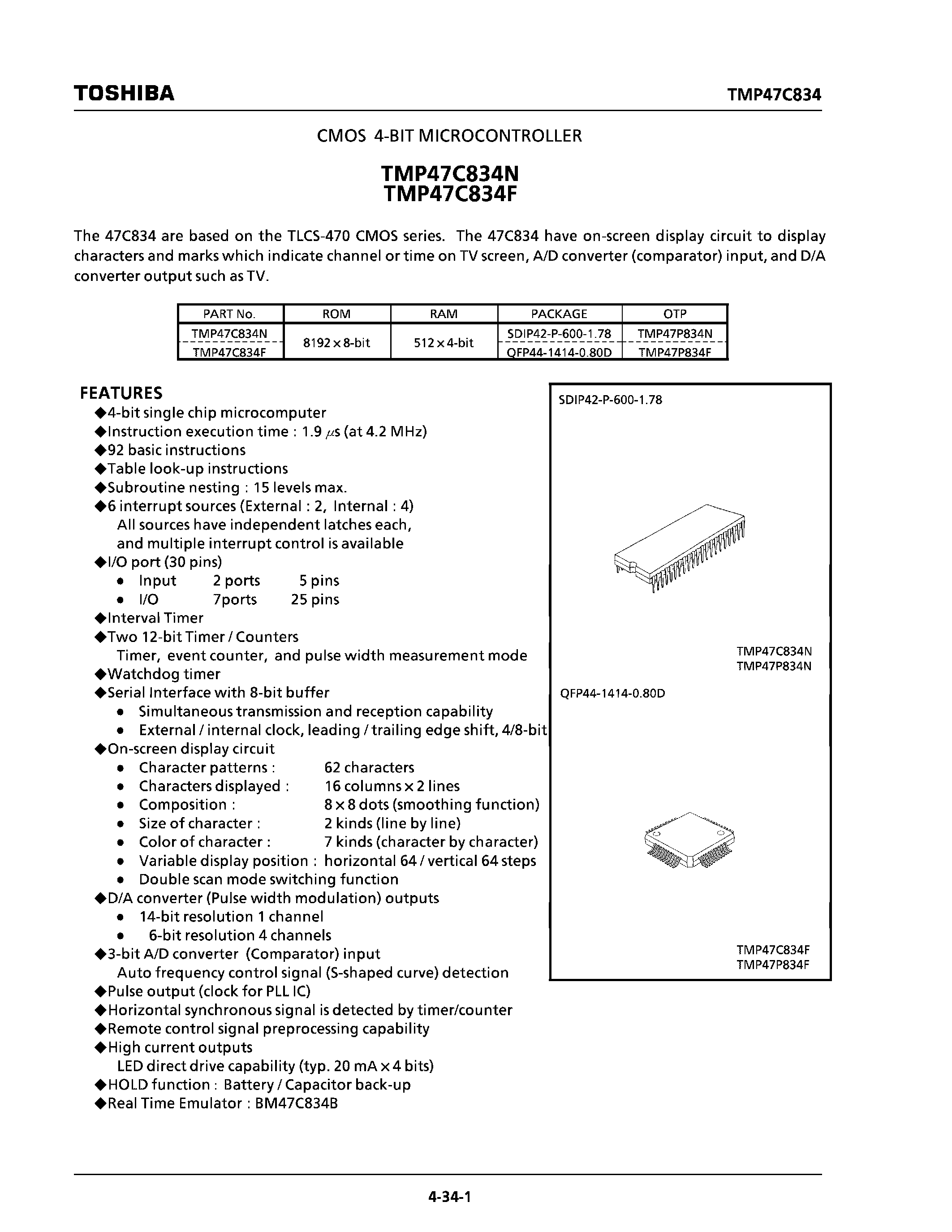 Даташит TMP47C834 - CMOS 4-BIT MICROCONTROLLER страница 1