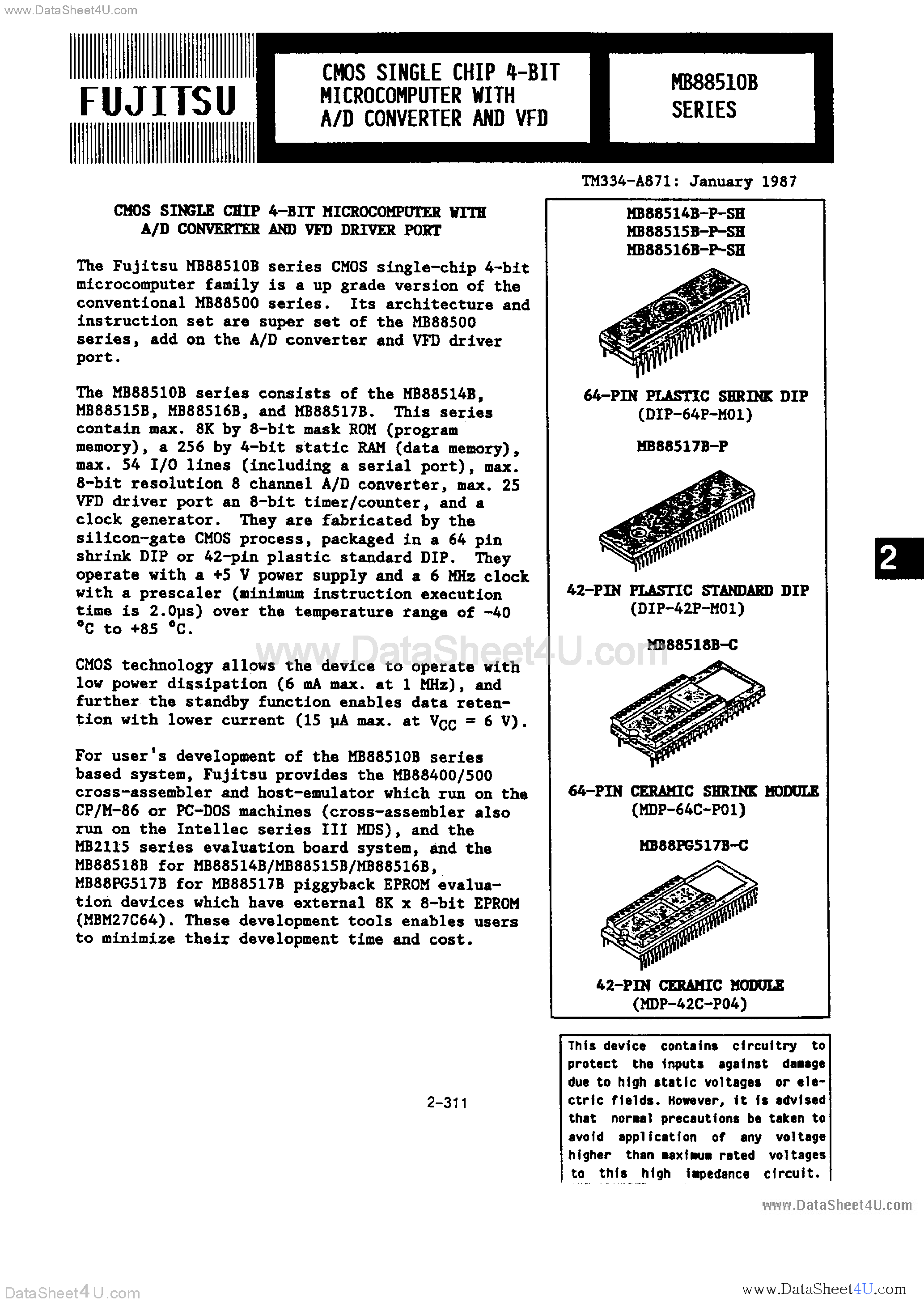 Datasheet MB88514B - (MB88510B Series) CMOS Single Chip 4-Bit Microcomputer page 1