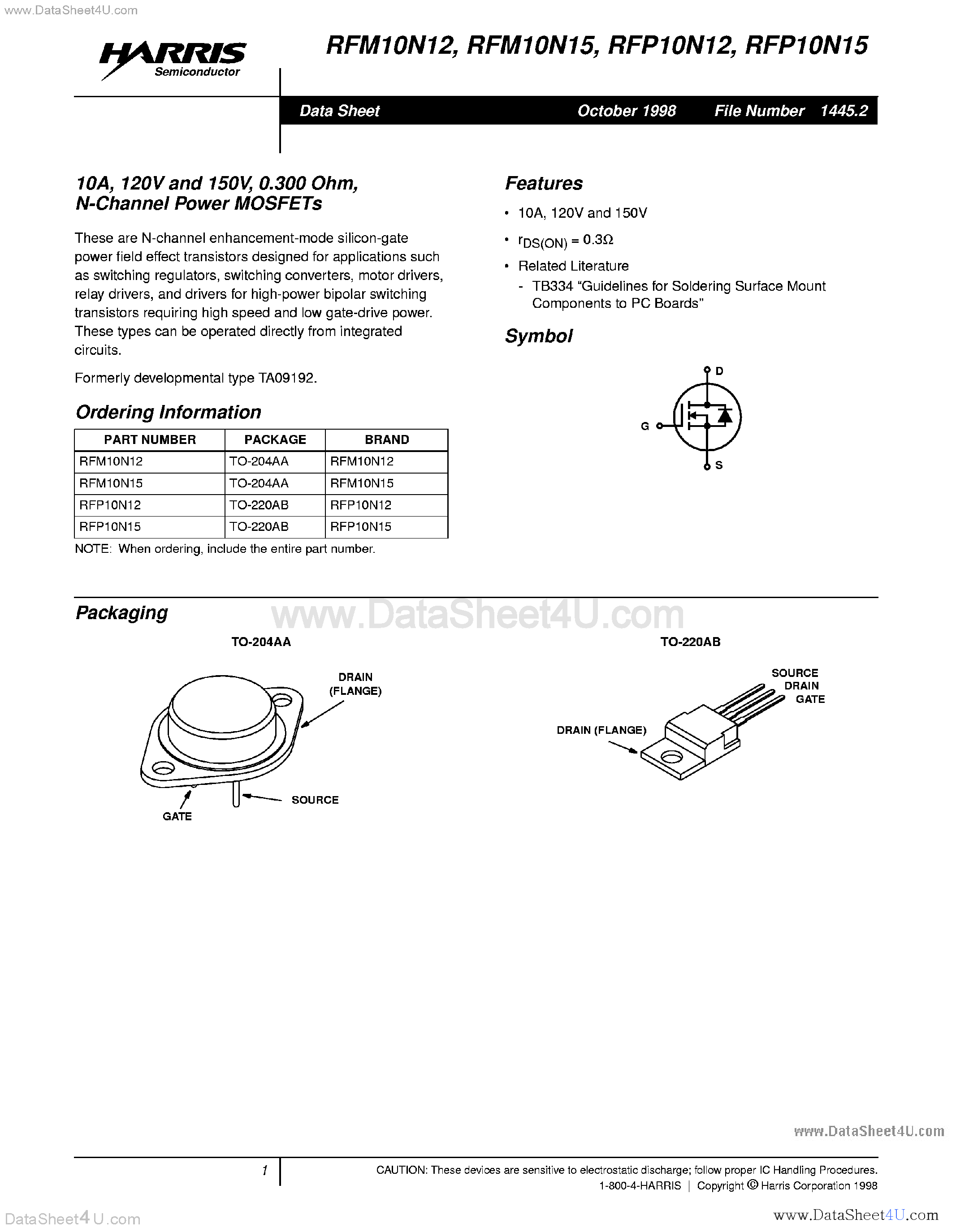 Datasheet RFP10N12 page 1 Datasheet RFP10N12 - (RFP10N12 / RFP10N15) N-Channel Power MOSFET page 1