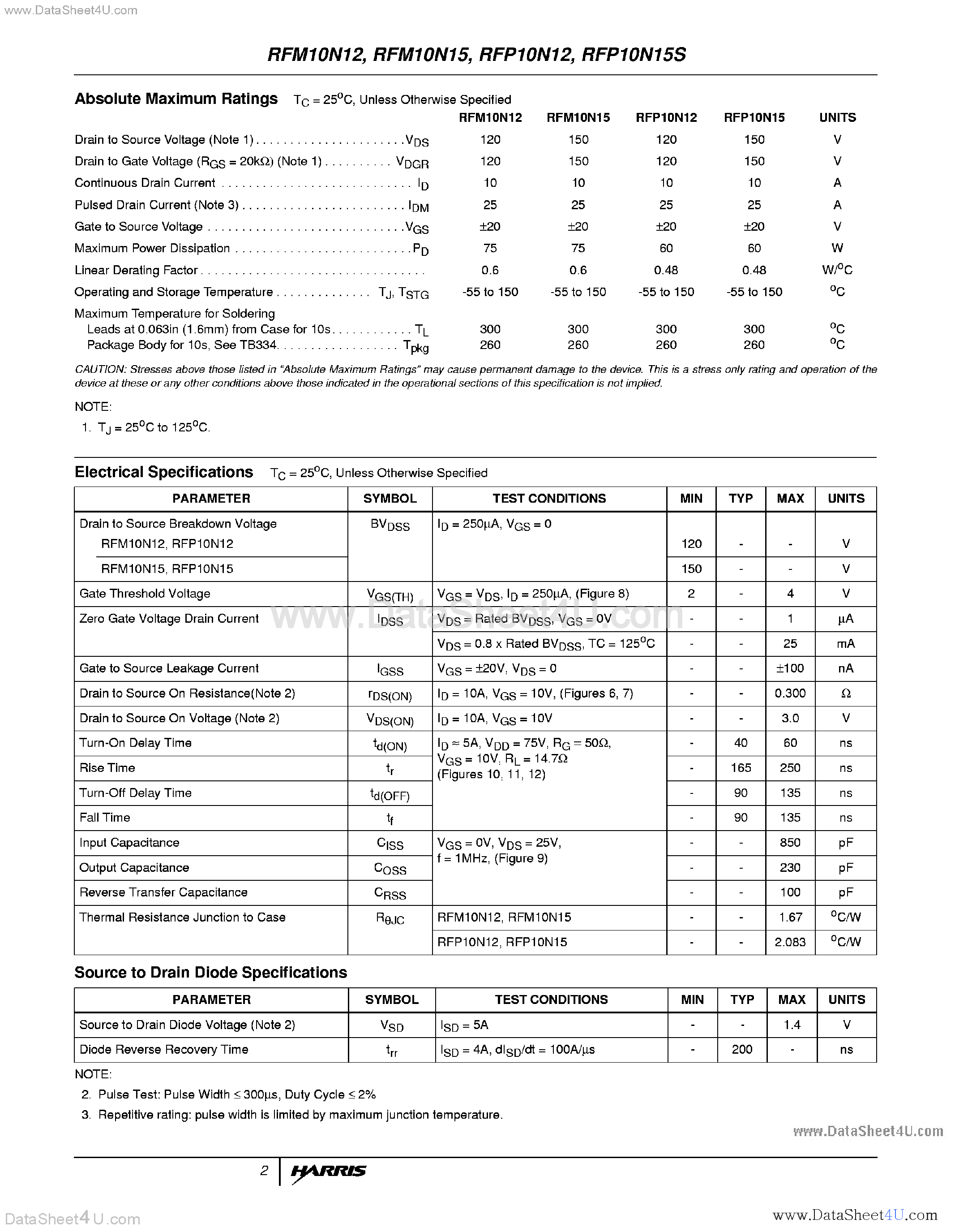 Datasheet RFP10N12 page 2 Datasheet RFP10N12 - (RFP10N12 / RFP10N15) N-Channel Power MOSFET page 2