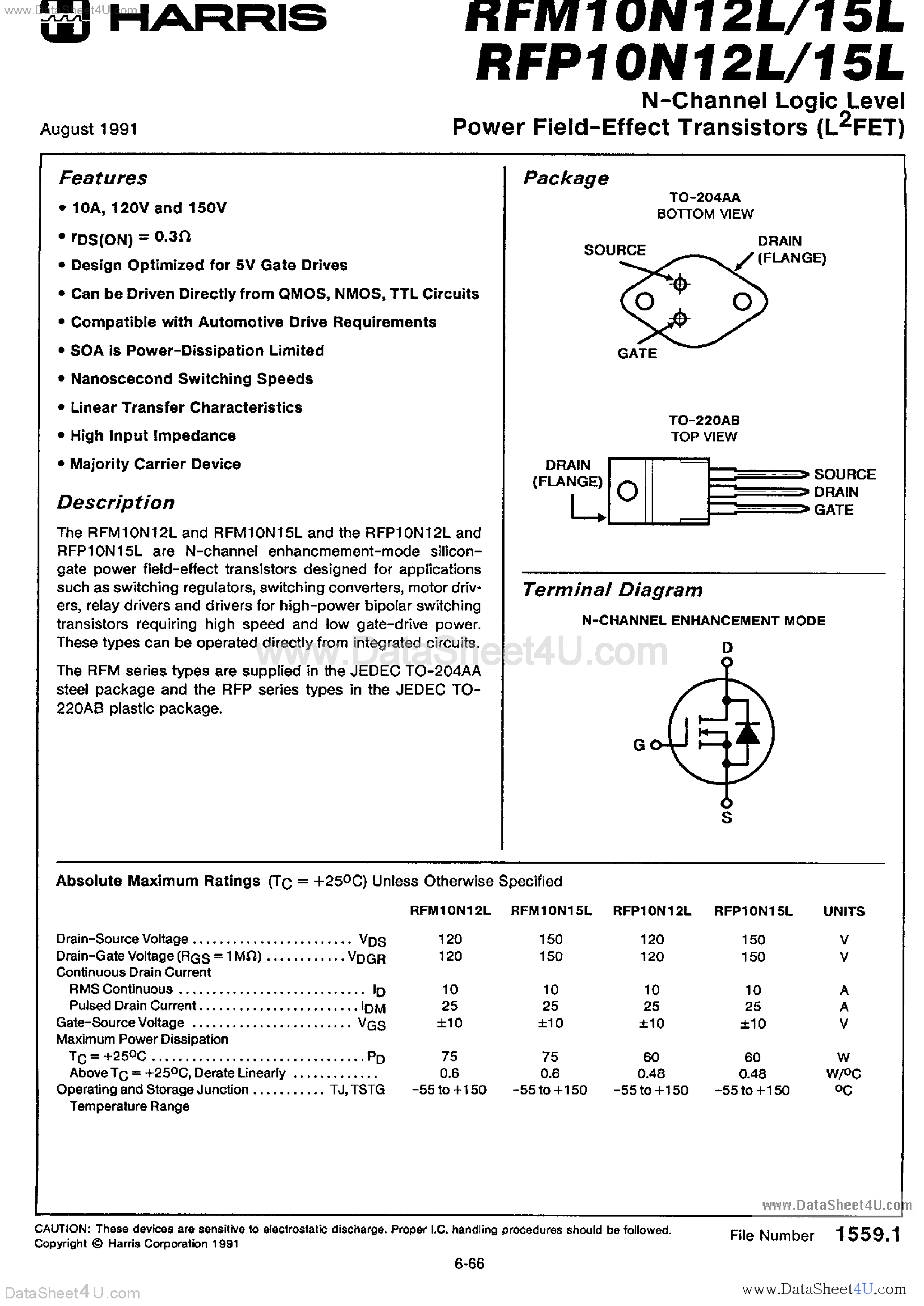 Datasheet RFP10N12L - (RFP10N12L / RFP10N15L) N-Channel Logic Level Power MOSFET page 1