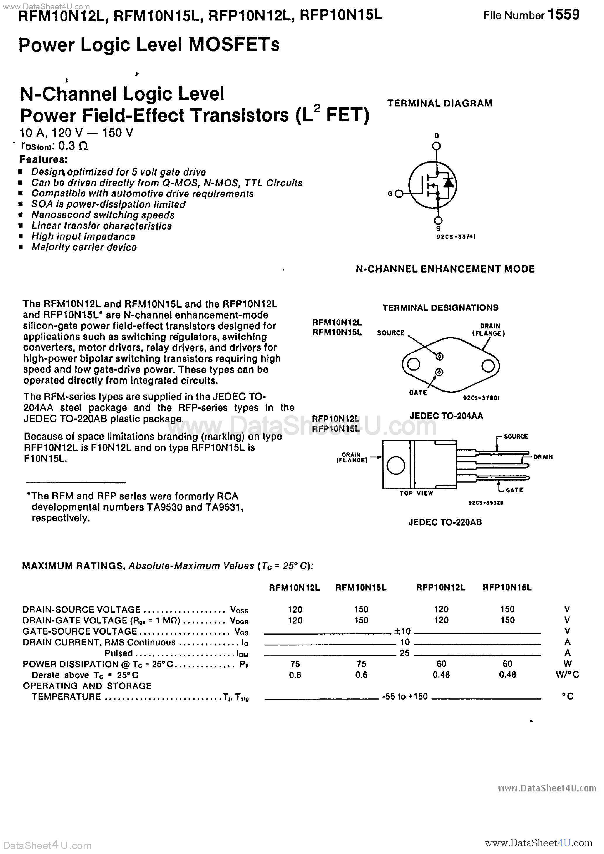 Datasheet RFP10N12L page 1 Datasheet RFP10N12L - (RFP10N12L / RFP10N15L) N-CHANNEL ENHANCEMENT-MODE POWER FIELD-EFFECT TRANSISTORS page 1