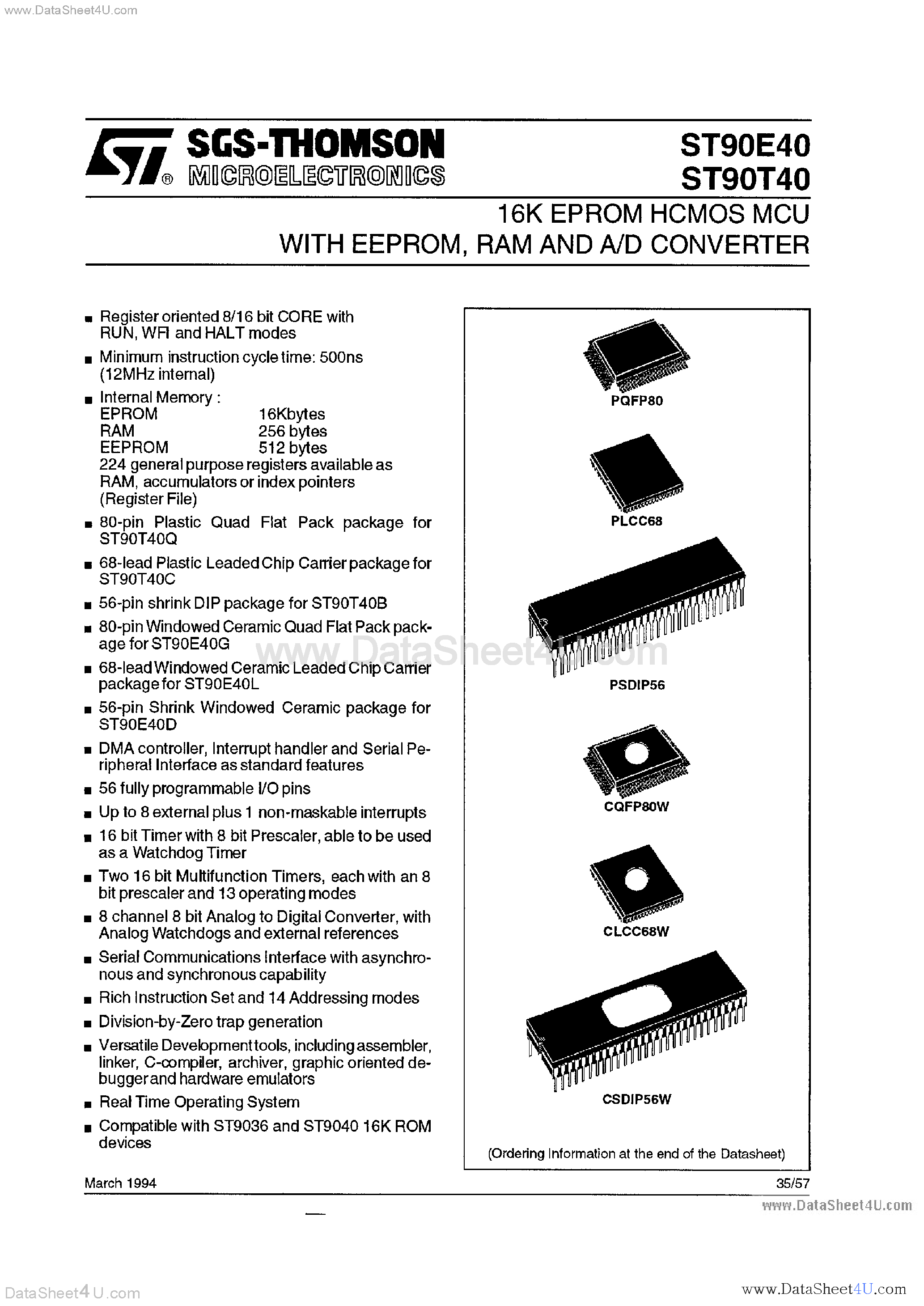 Datasheet ST90E40 - (ST90E40 / ST90T40) 16K EPROM HCMOS MCU page 1