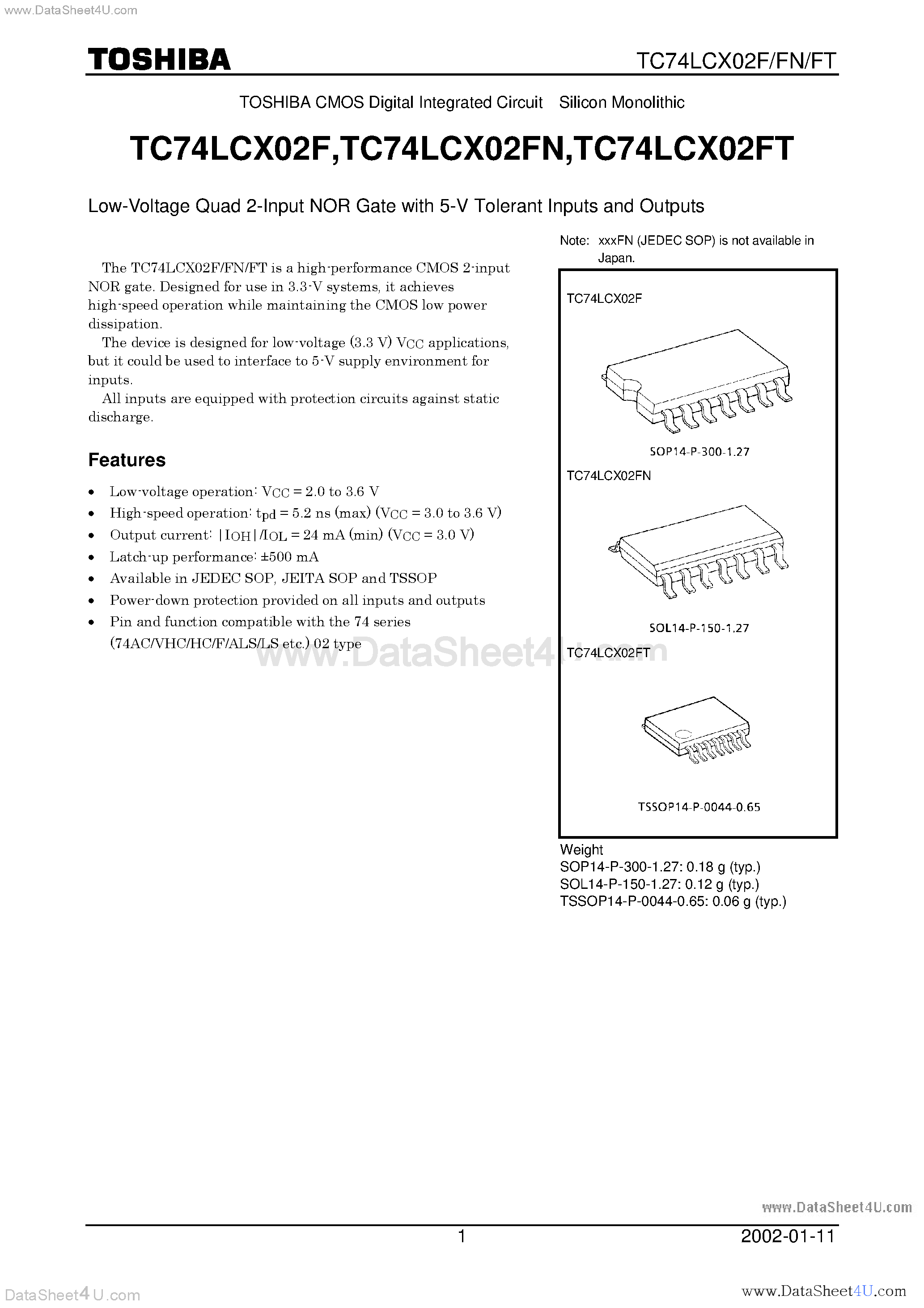 Datasheet TC74LCX02F - LOW VOLTAGE QUAD 2-INPUT NOR GATE WITH 5V TOLERANT INPUTS AND OUTPUTS page 1