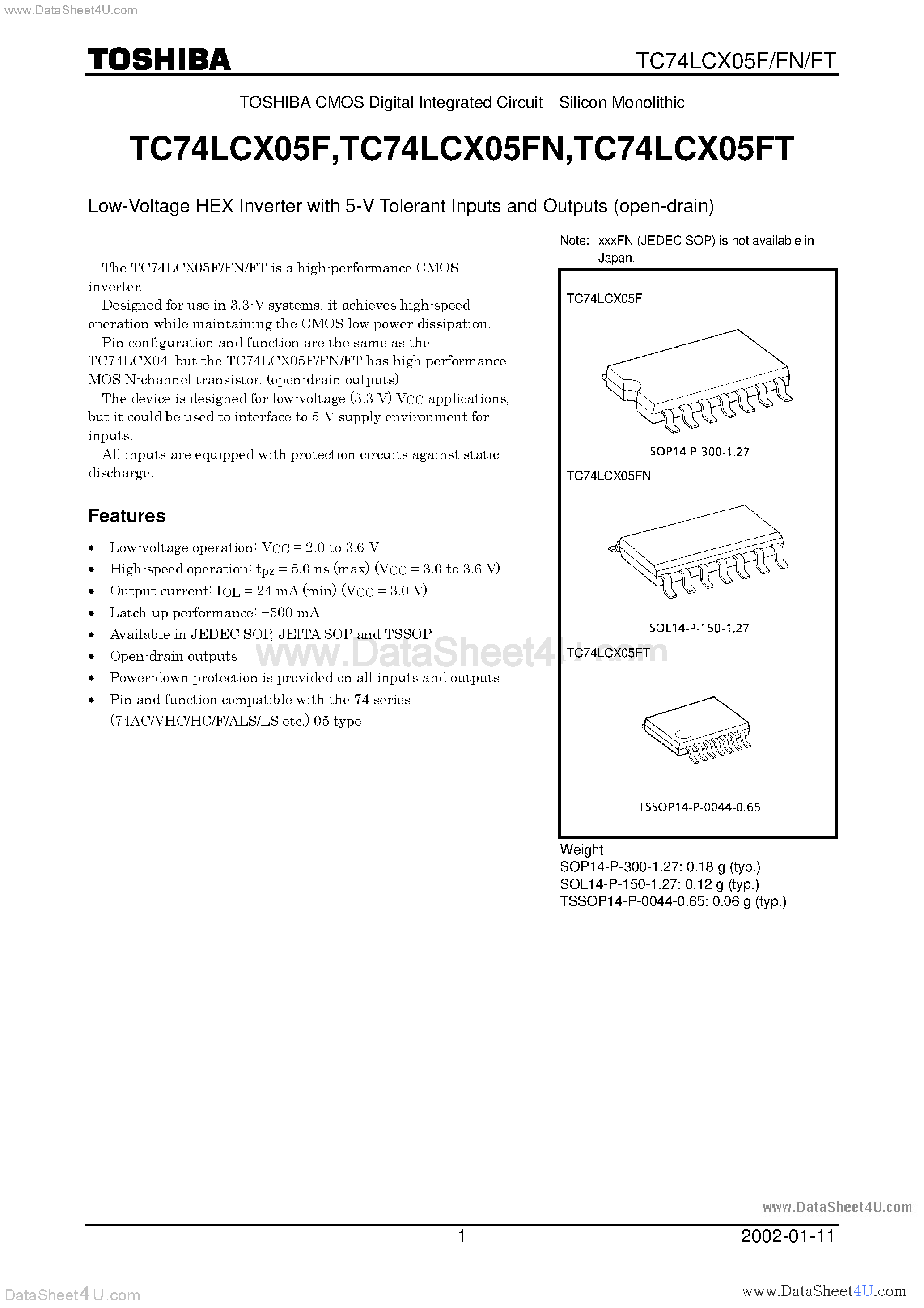 Даташит TC74LCX05F - Low-Voltage HEX Inverter with 5-V Tolerant Inputs and Outputs (open-drain) страница 1