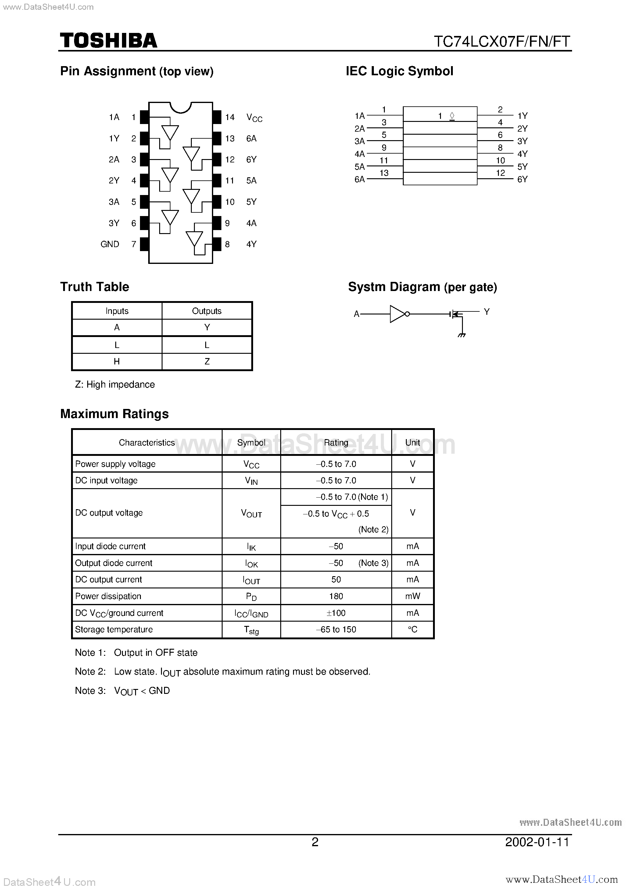 Даташит TC74LCX07F - Low-Voltage HEX Buffer with 5-V Tolerant Inputs and Outputs (open drain) страница 2