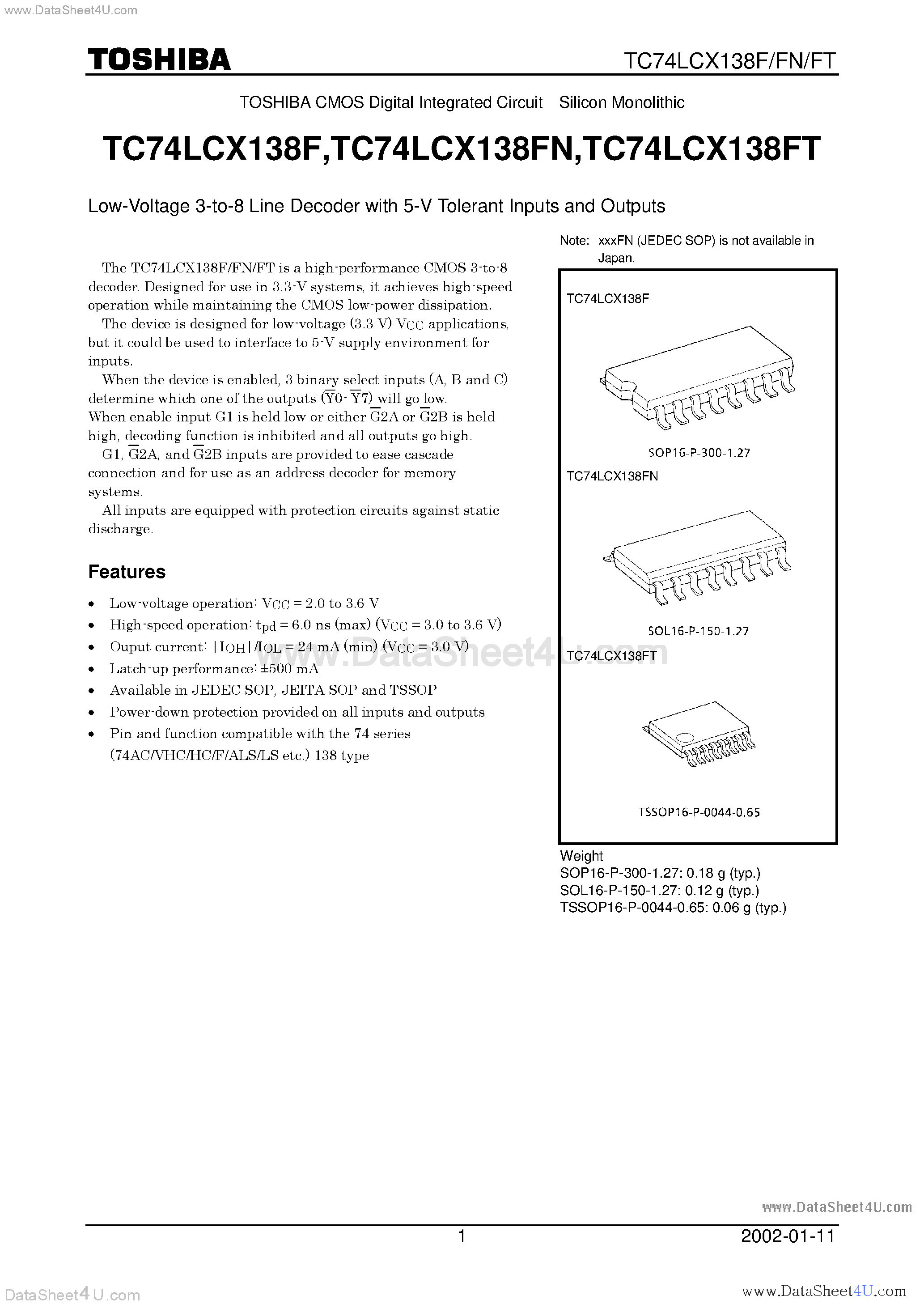 Даташит TC74LCX138F - LOW VOLTAGE 3-TO-8 LINE DECODER WITH 5V TOLERANT INPUTS AND OUTPUTS страница 1
