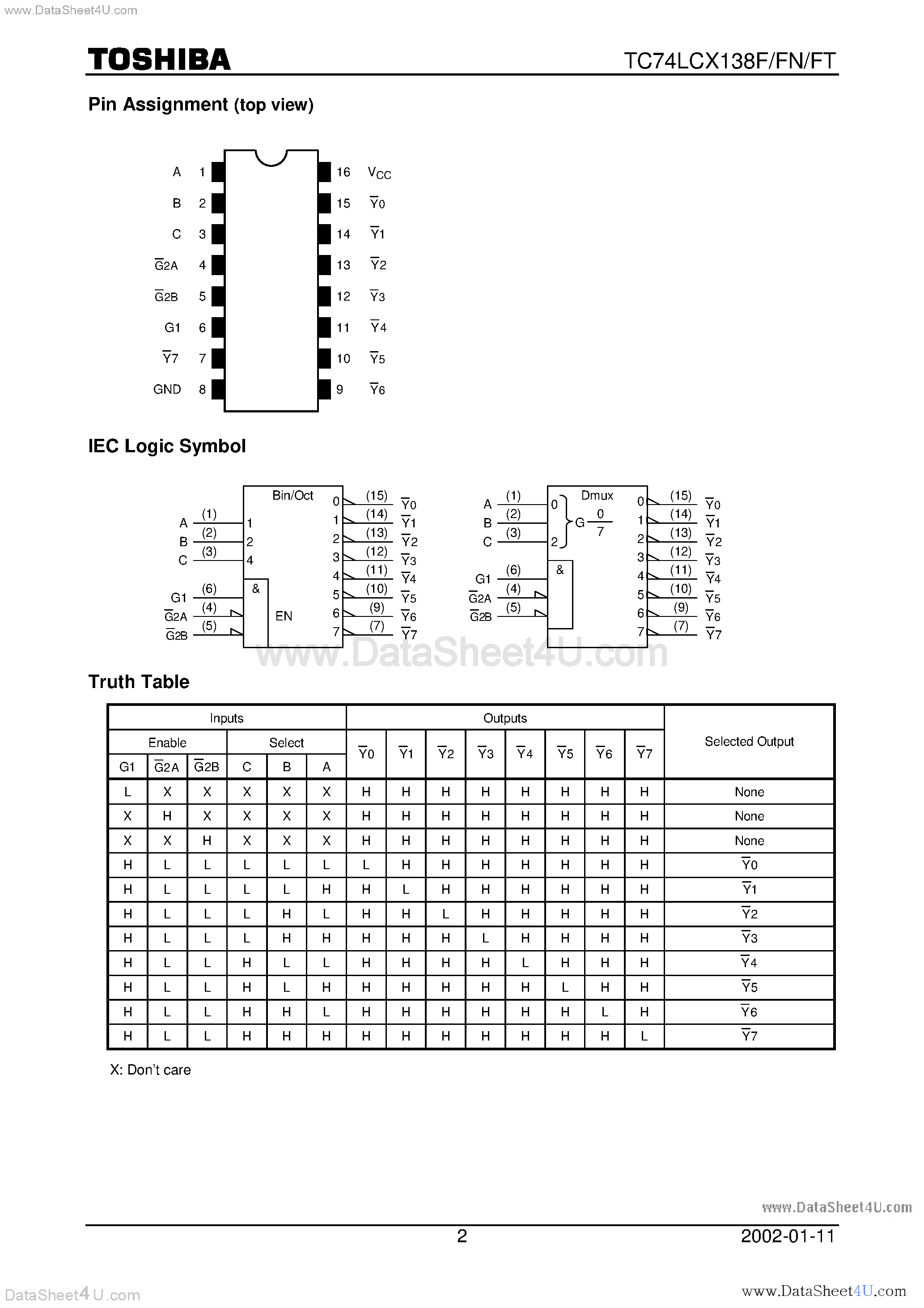 Даташит TC74LCX138F - LOW VOLTAGE 3-TO-8 LINE DECODER WITH 5V TOLERANT INPUTS AND OUTPUTS страница 2