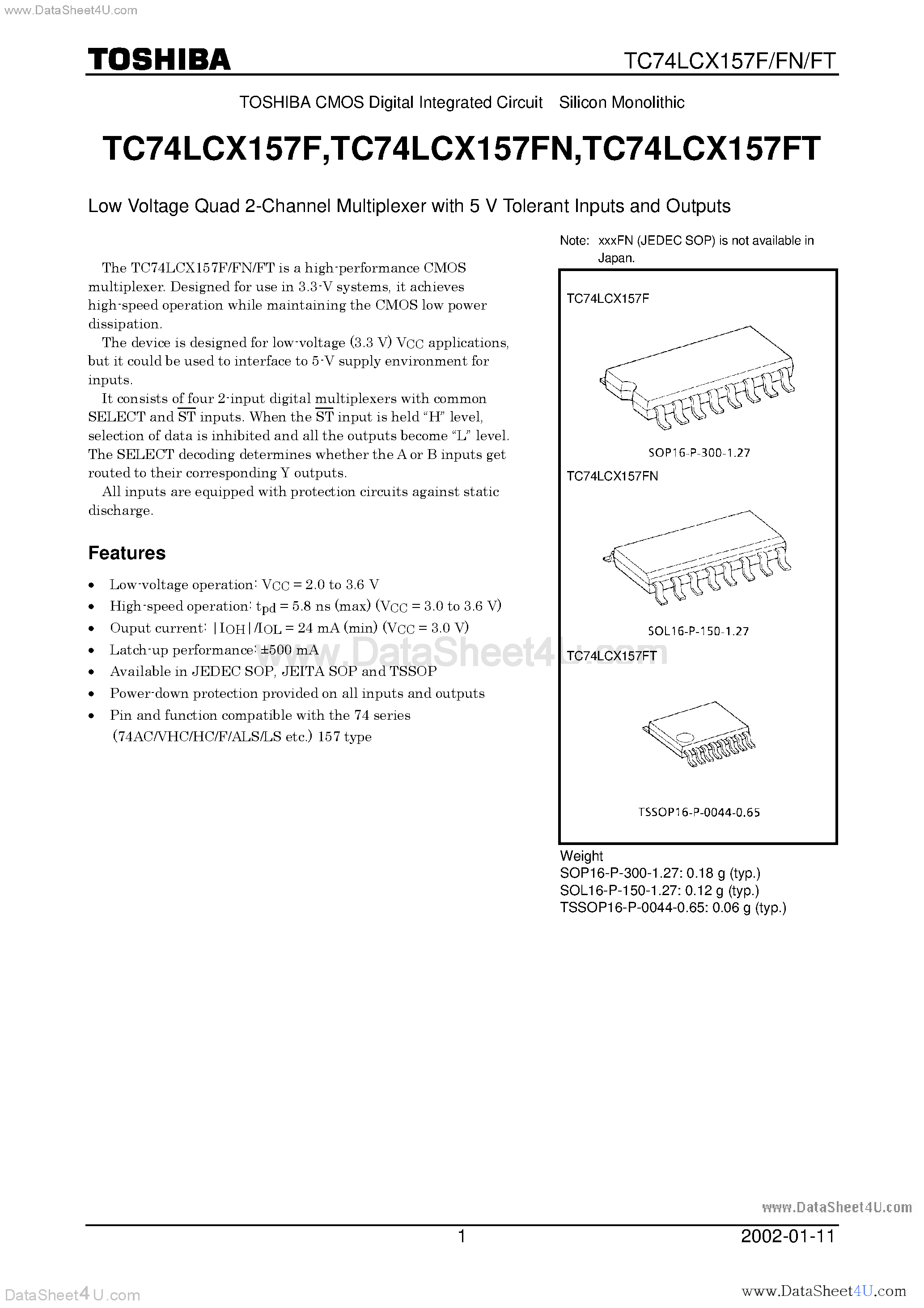 Datasheet TC74LCX157F - LOW VOLTAGE QUAD 2-CHANNEL MULTIPLEXER WITH 5V TOLERANT INPUTS AND OUTPUTS page 1