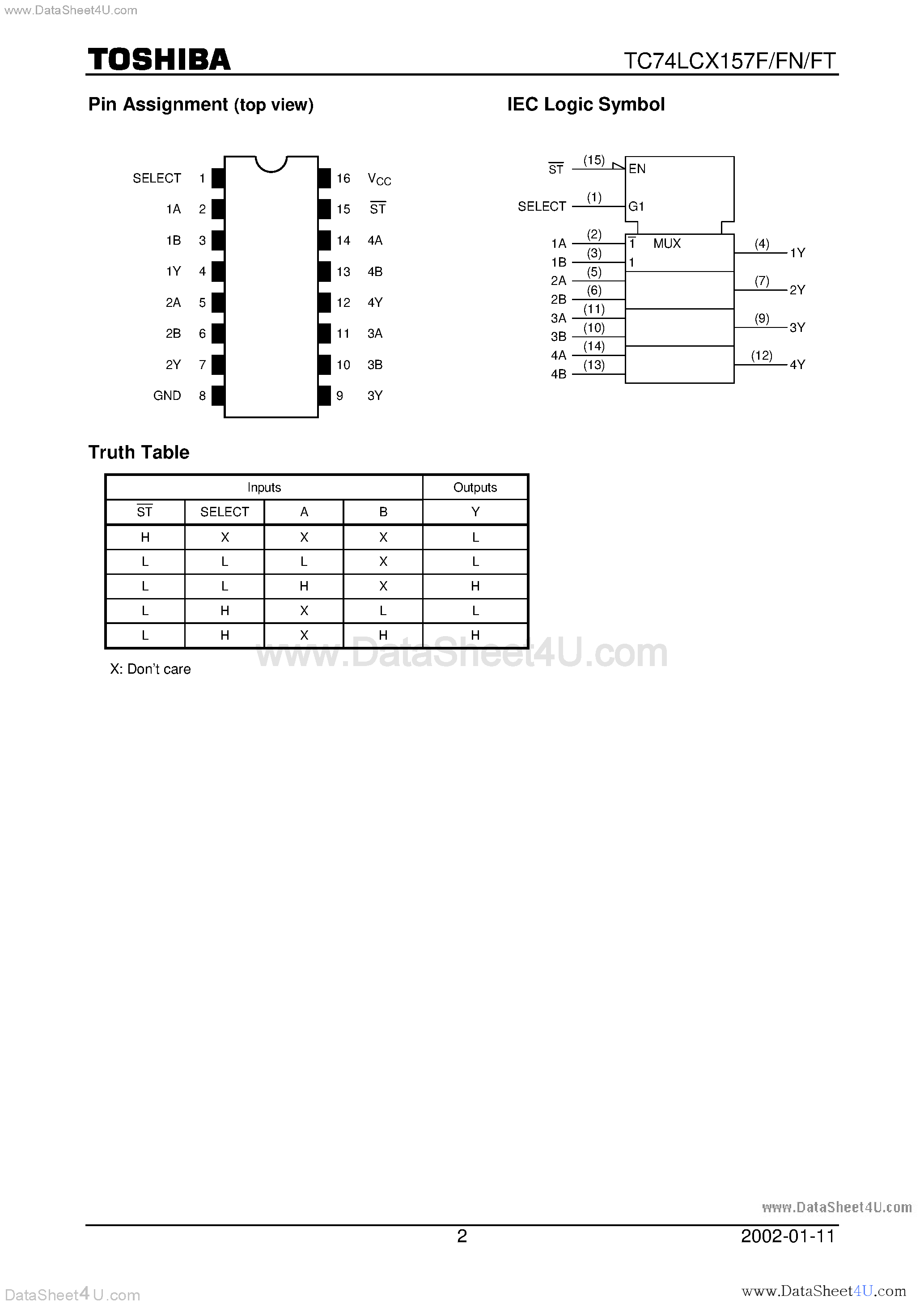 Datasheet TC74LCX157F - LOW VOLTAGE QUAD 2-CHANNEL MULTIPLEXER WITH 5V TOLERANT INPUTS AND OUTPUTS page 2