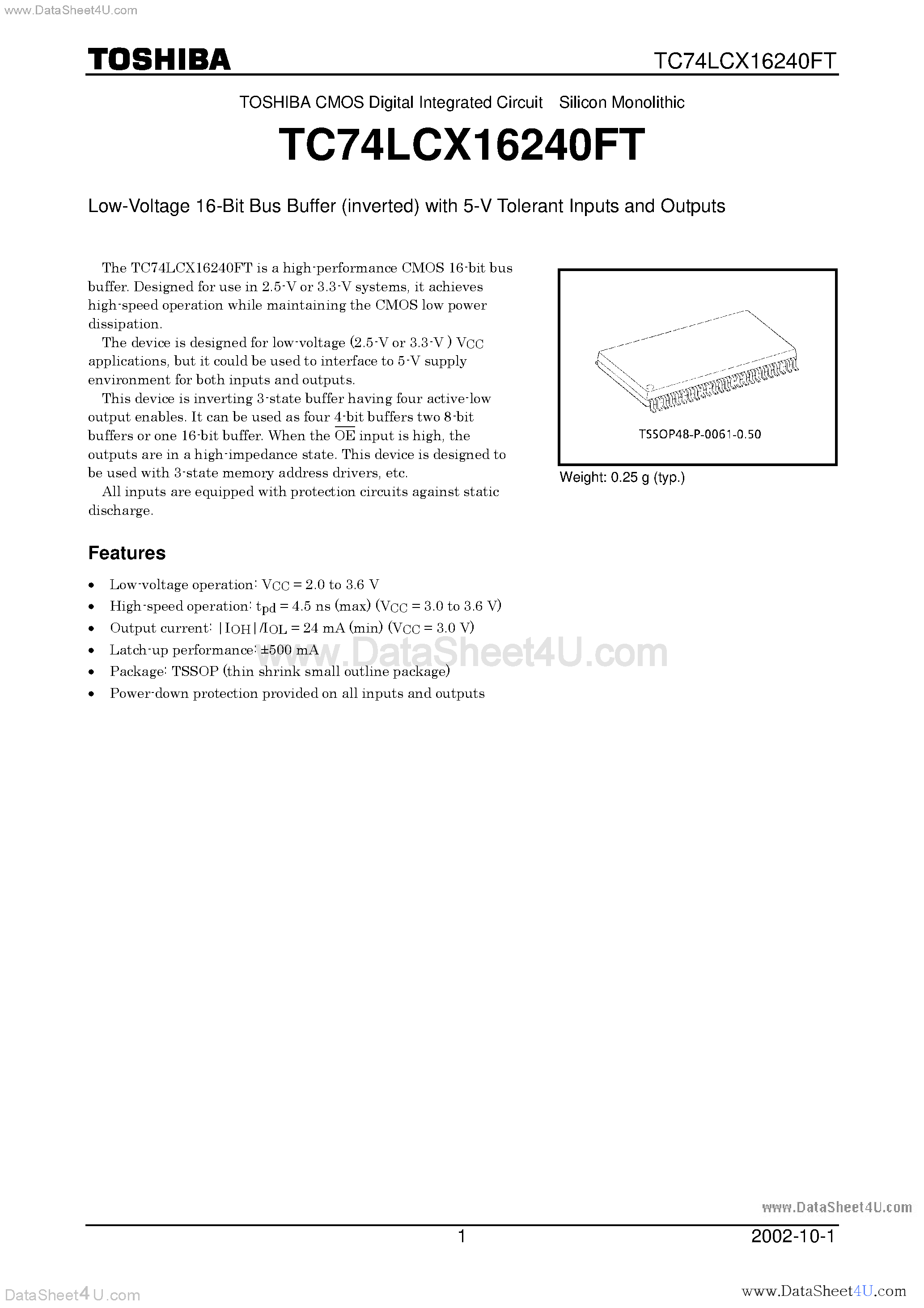 Даташит на микросхему TC74LCX16240FT страница 1 Даташит TC74LCX16240FT - Low-Voltage 16-Bit Bus Buffer (inverted) with 5-V Tolerant Inputs and Outputs страница 1