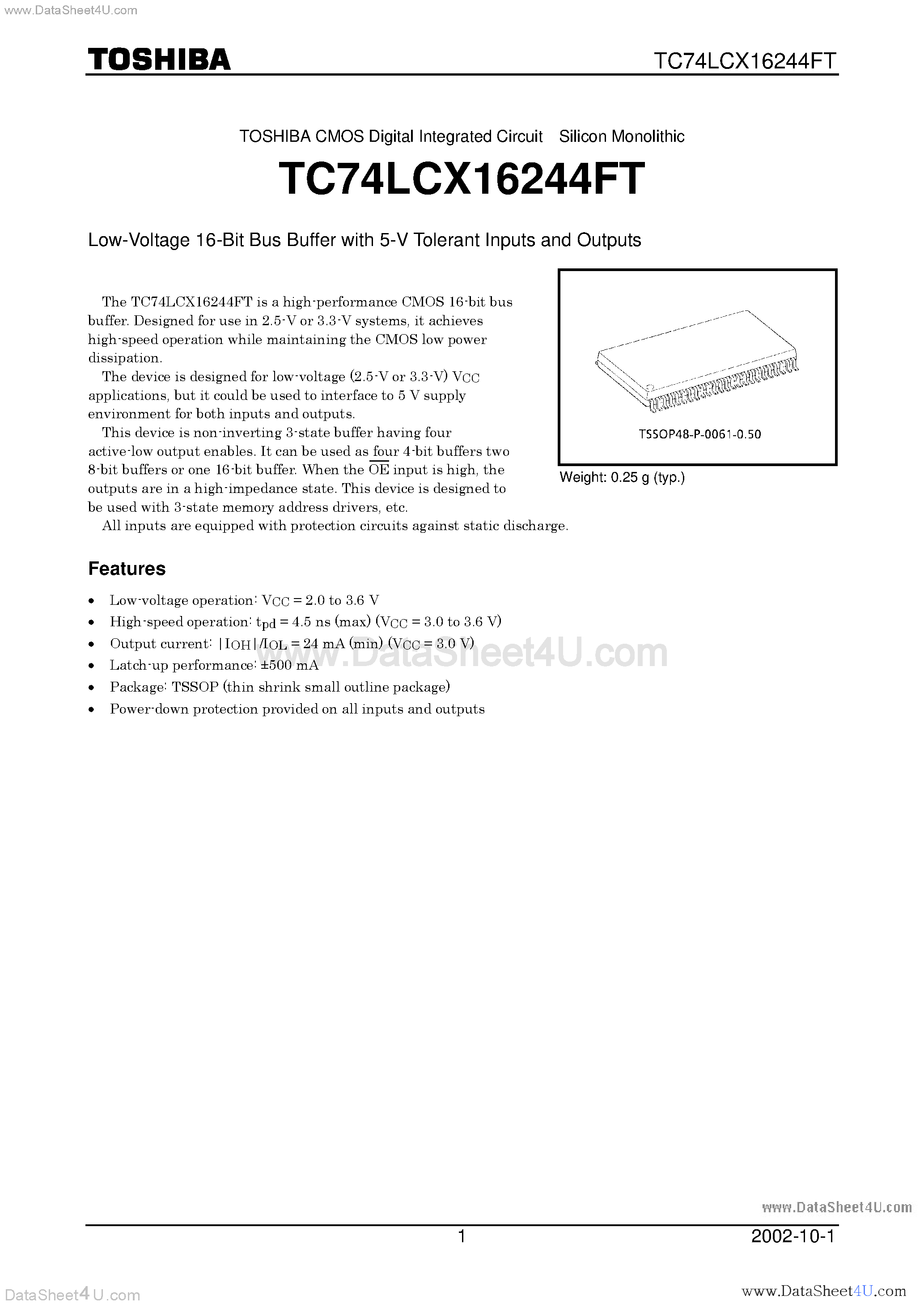 Даташит TC74LCX16244FT - Low-Voltage 16-Bit Bus Buffer with 5-V Tolerant Inputs and Outputs страница 1