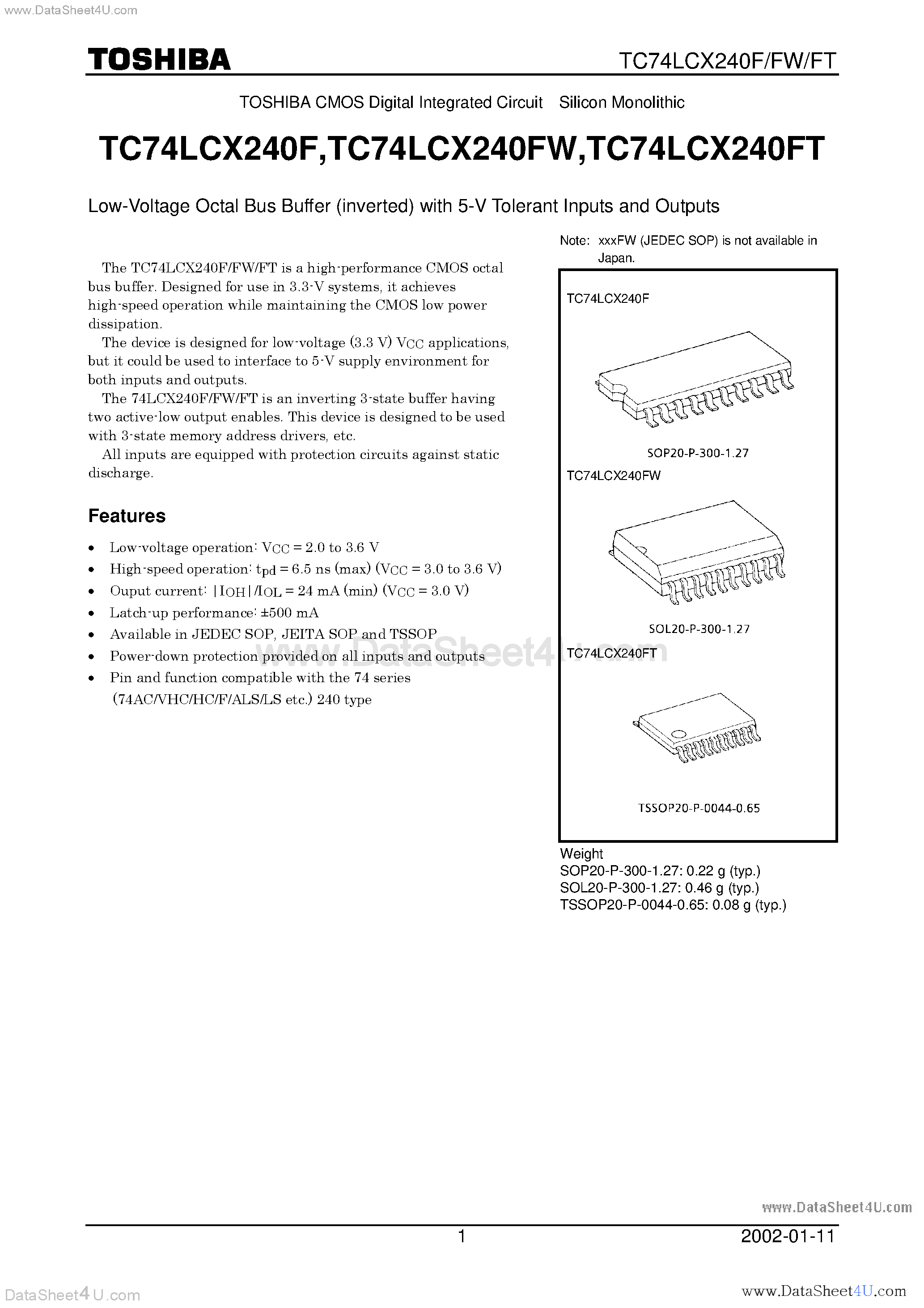 Даташит TC74LCX240F - Low-Voltage Octal Bus Buffer (inverted) with 5-V Tolerant Inputs and Outputs страница 1
