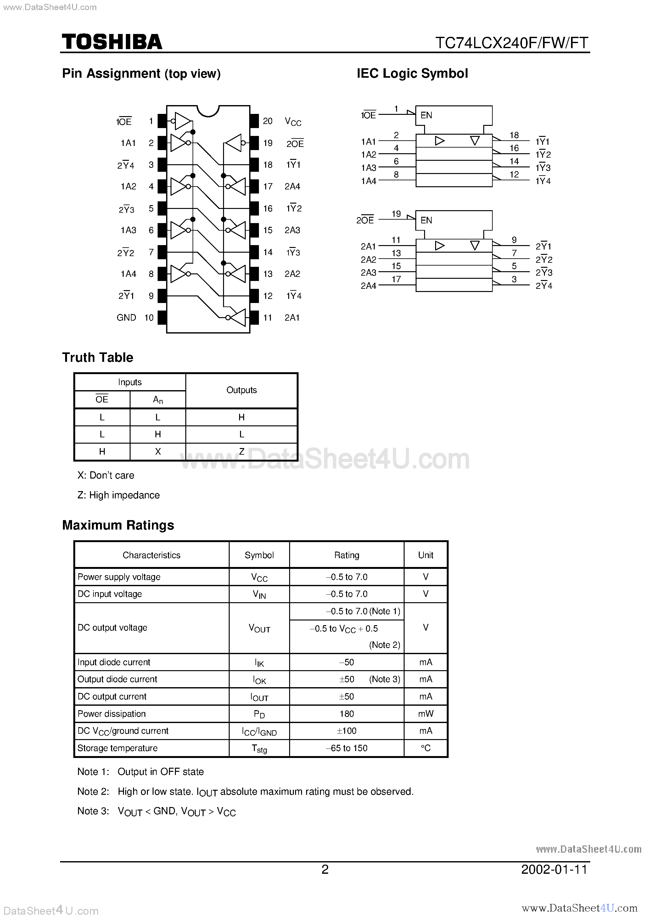 Даташит TC74LCX240F - Low-Voltage Octal Bus Buffer (inverted) with 5-V Tolerant Inputs and Outputs страница 2