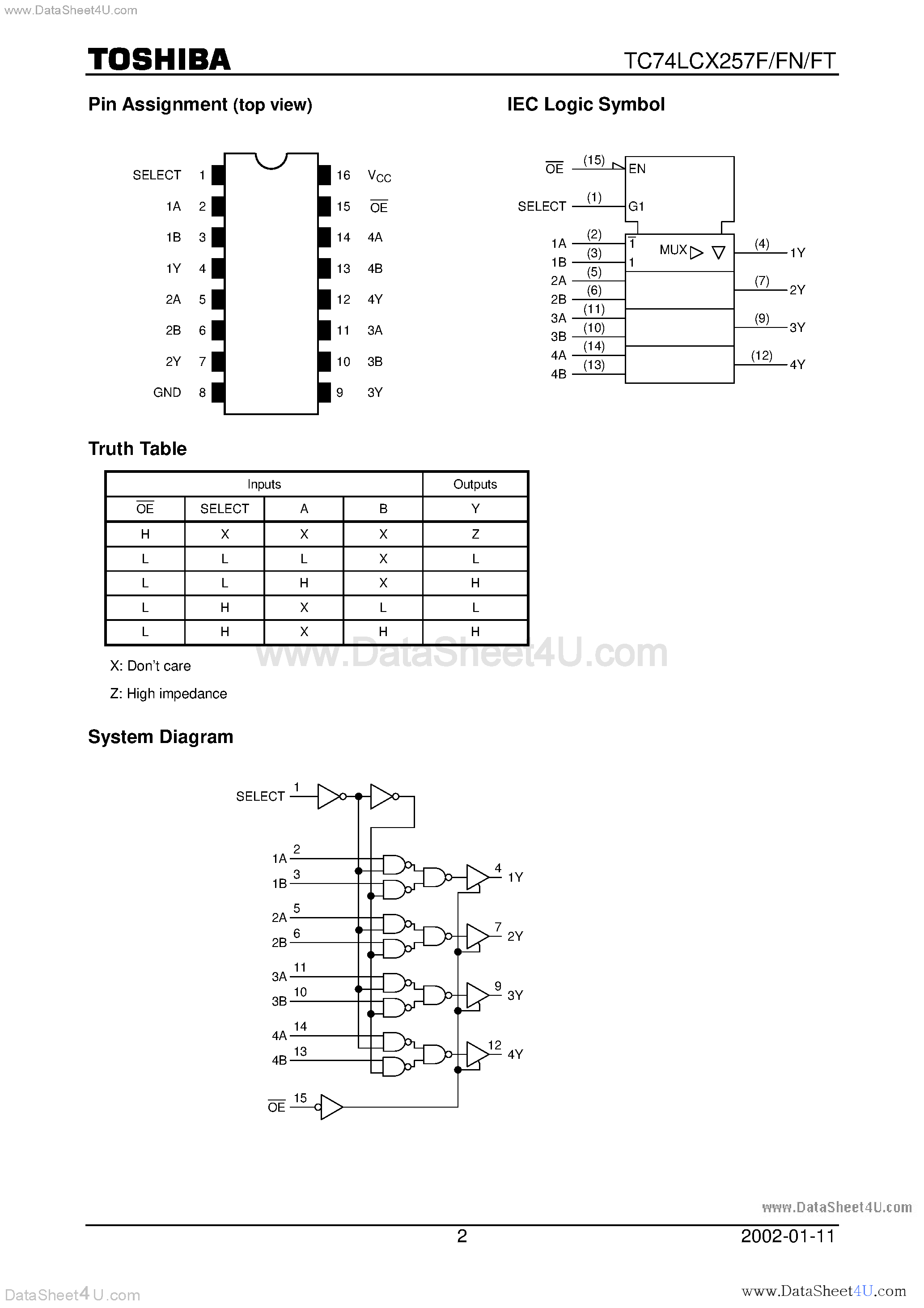 Datasheet TC74LCX257F page 2 Datasheet TC74LCX257F - LOW VOLTAGE QUAD 2-CHANNEL MULTIPLEXER (3-STATE) WITH 5V TOLERANT INPUTS AND OUTPUTS page 2