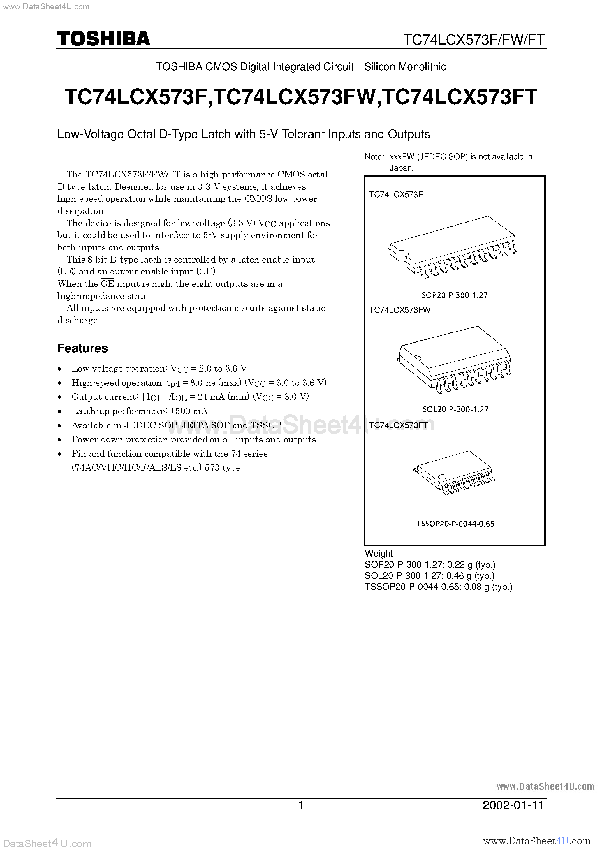 Даташит TC74LCX573F - LOW VOLTAGE OCTAL D-TYPE LATCH WITH 5V TOLERANT INPUTS AND OUTPUTS страница 1
