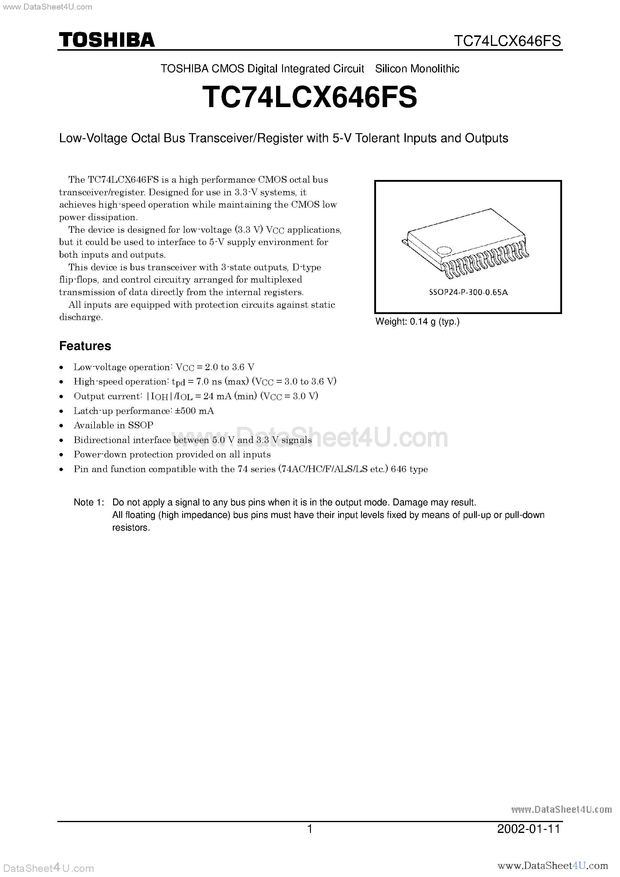 Даташит TC74LCX646FS - Low-Voltage Octal Bus Transceiver/Register with 5-V Tolerant Inputs and Outputs страница 1
