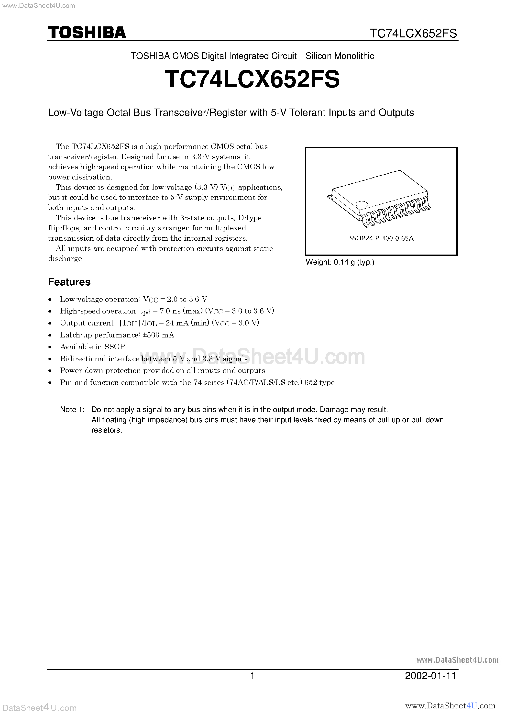 Даташит TC74LCX652FS - Low-Voltage Octal Bus Transceiver/Register with 5-V Tolerant Inputs and Outputs страница 1
