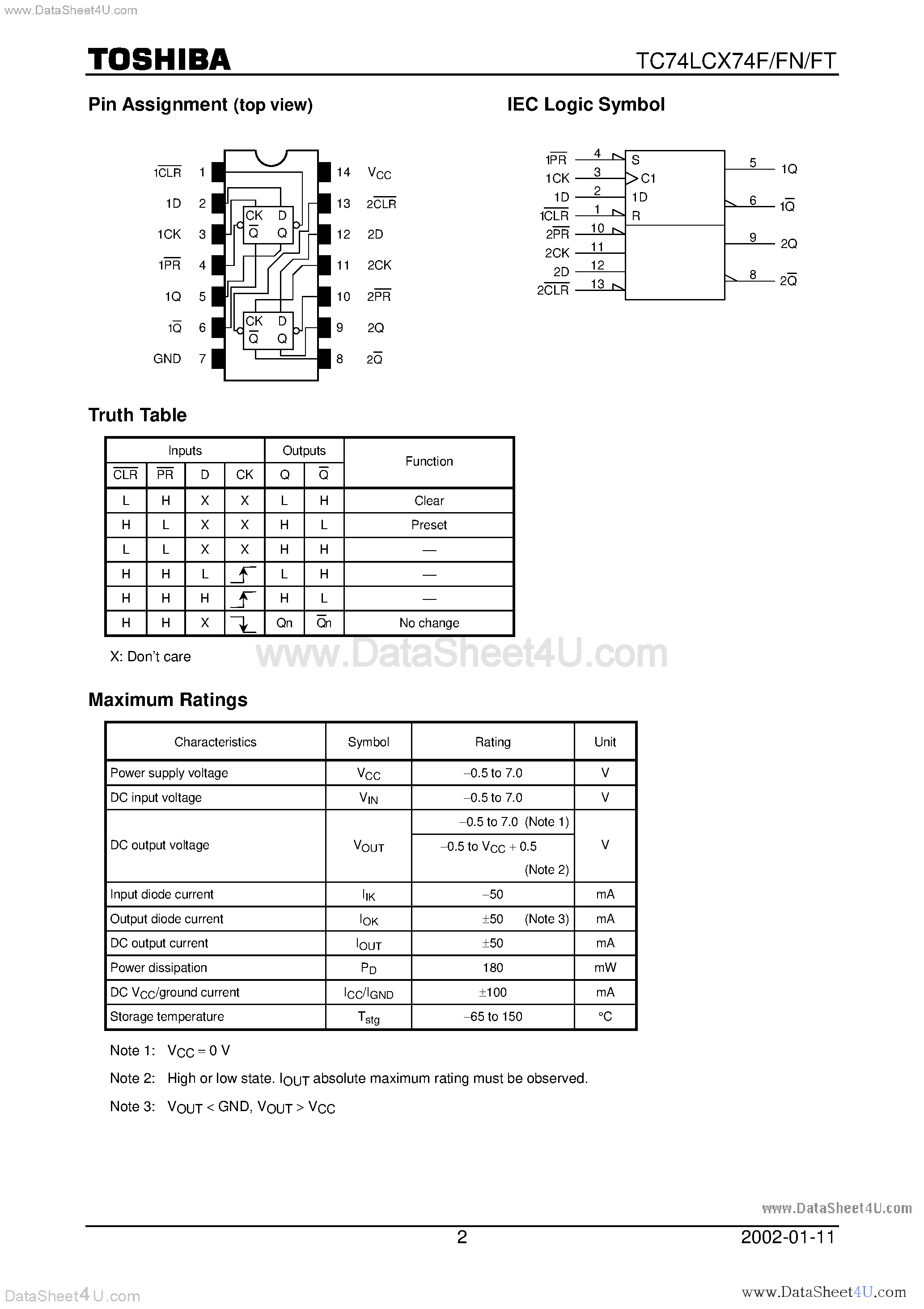 Datasheet TC74LCX74F page 2 Datasheet TC74LCX74F - Low-Voltage Dual D-Type Flip-Flop with 5-V Tolerant Inputs and Outputs page 2