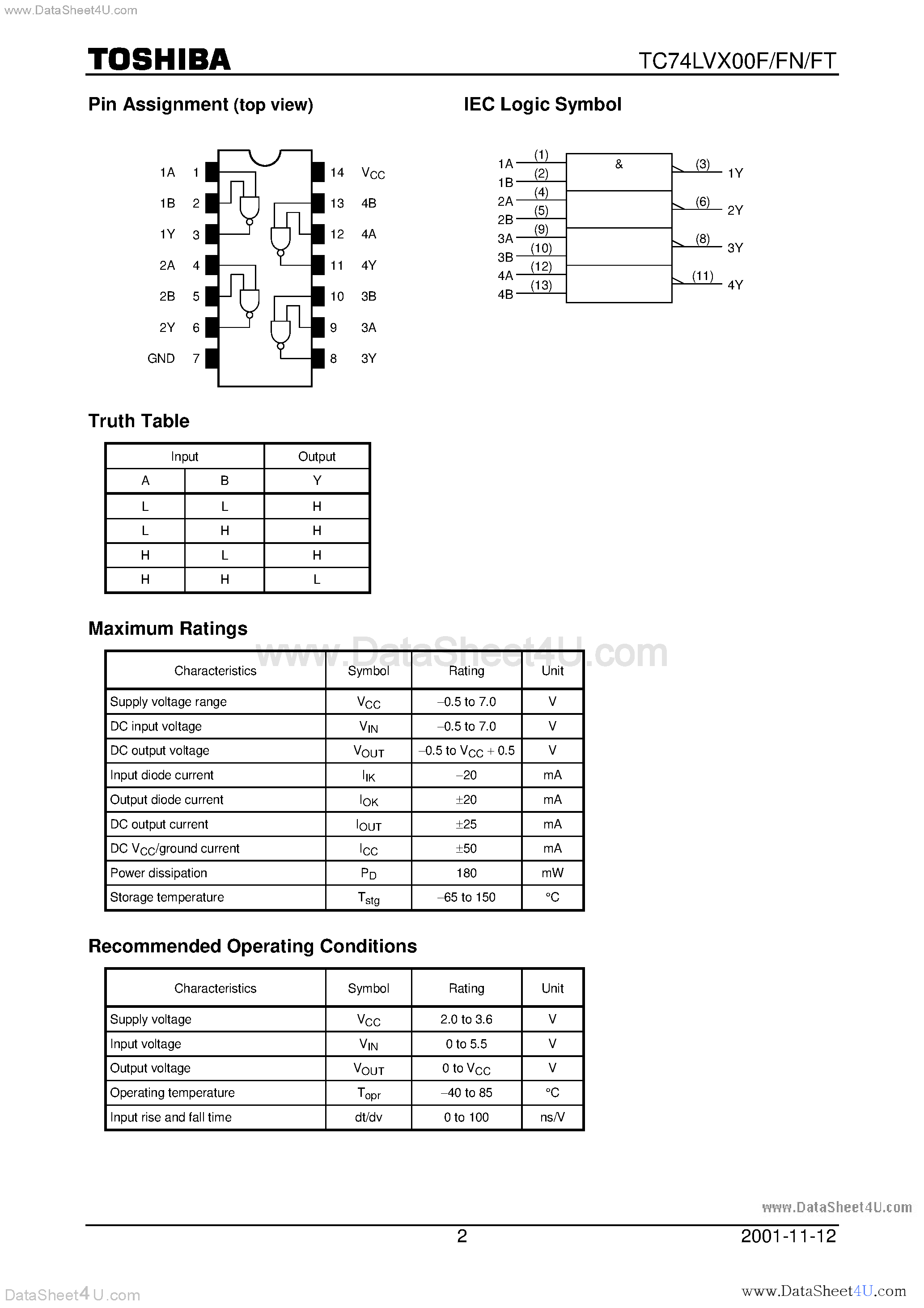 Datasheet TC74LVX00F - QUAD 2-INPUT GATE page 2