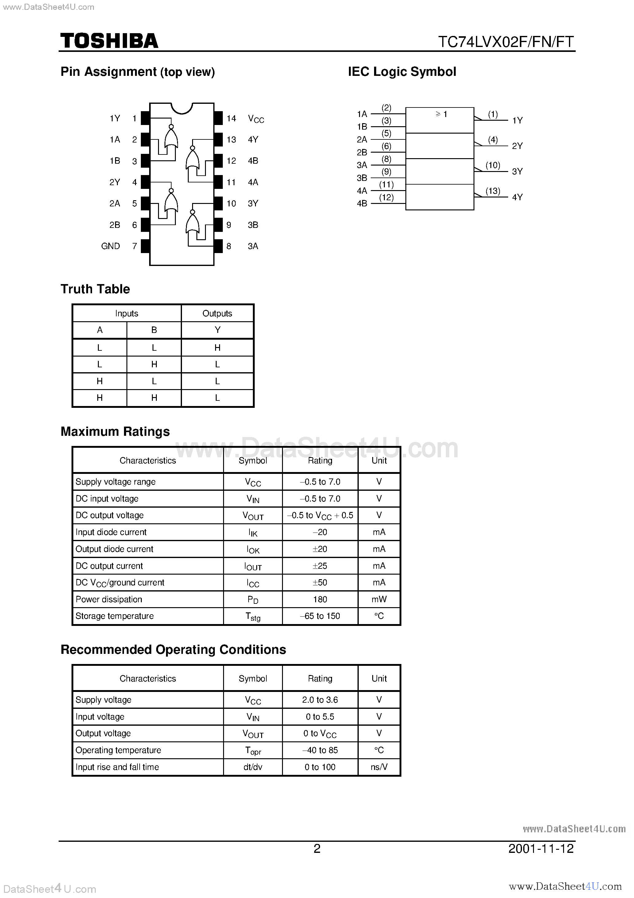 Datasheet TC74LVX02F - QUAD 2-INPUT NOR GATE page 2