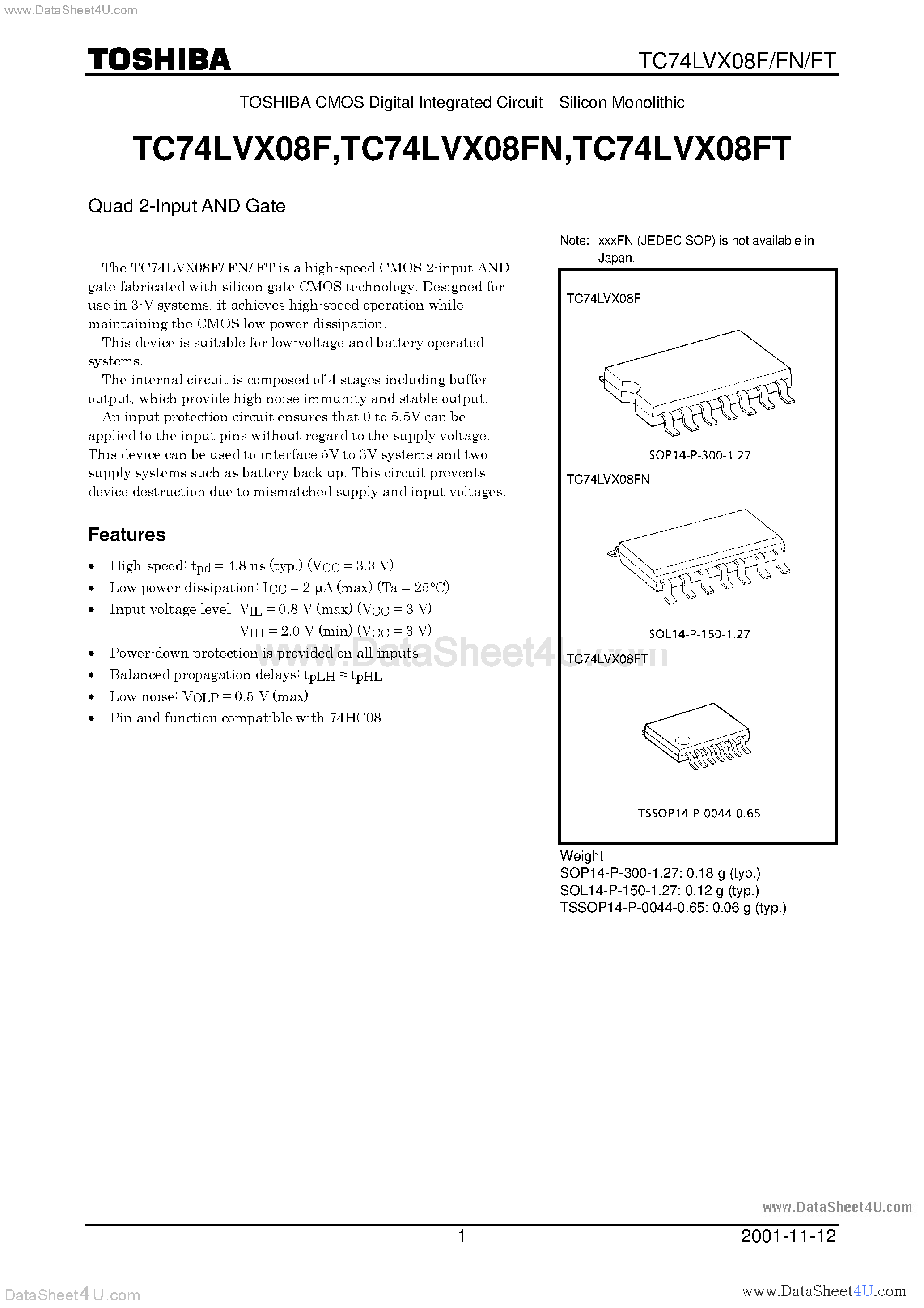 Datasheet TC74LVX08F - QUAD 2-INPUT AND GATE page 1