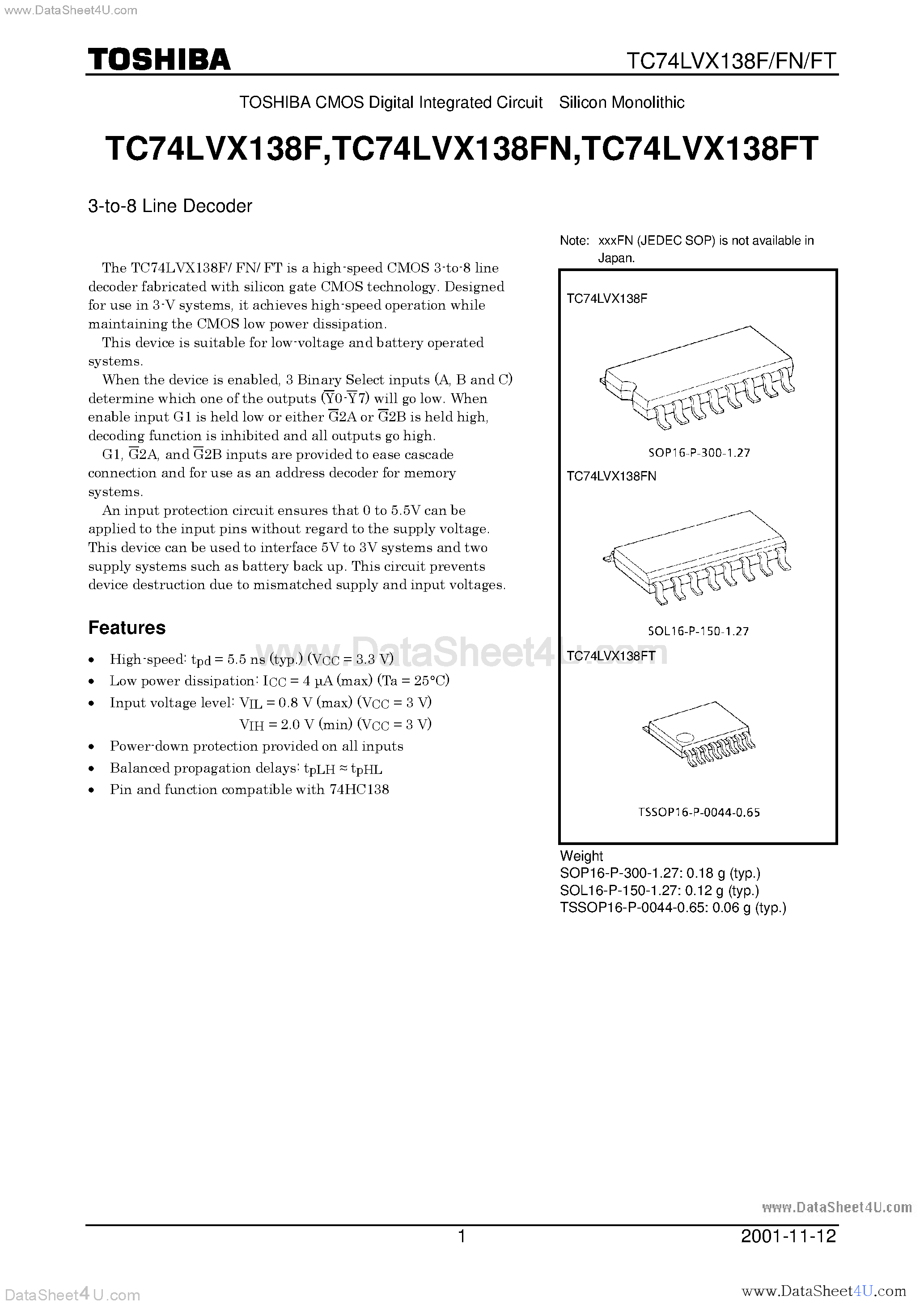 Даташит TC74LVX138F - 3-TO-8 LINE DECODER страница 1